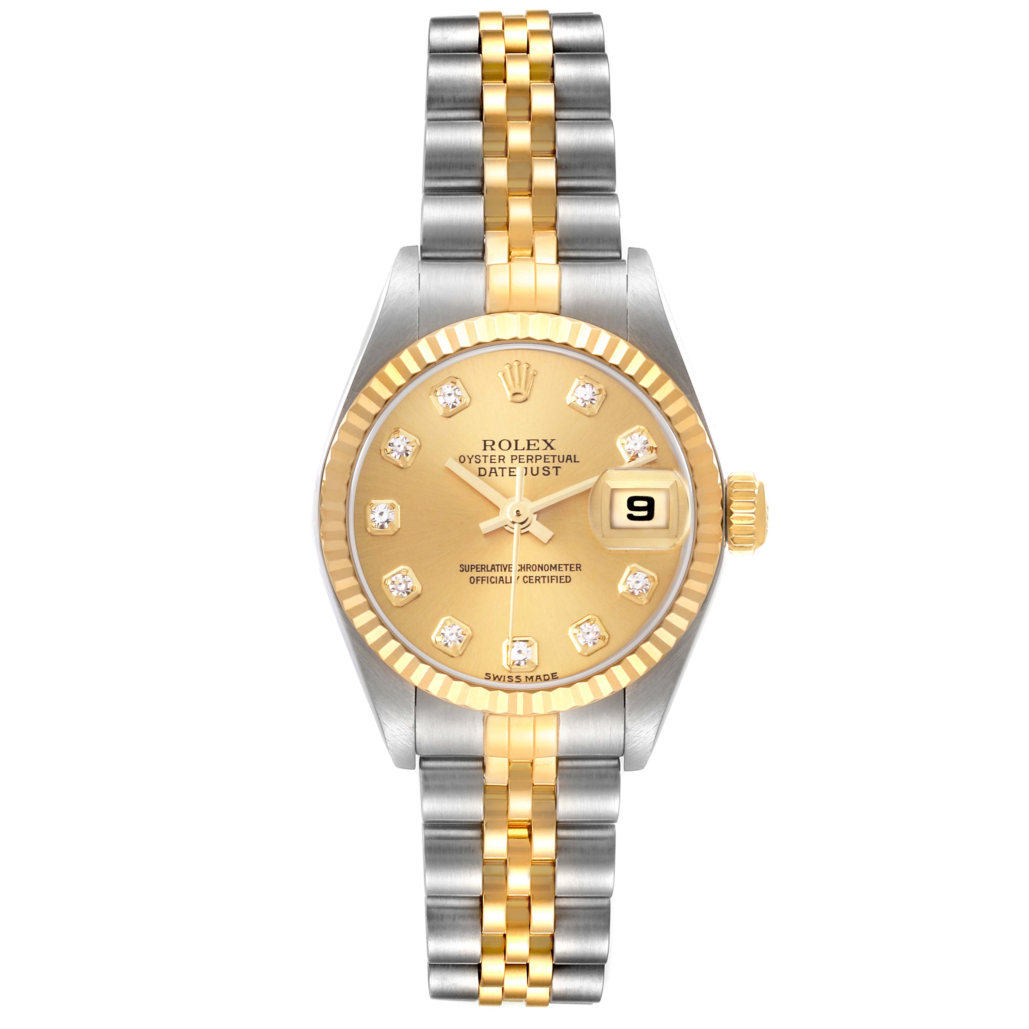 The Rolex Datejust 79173 Women
s Steel and Gold (two tone) Champagne Dial 79173 Women
s Steel and Gold (two tone) Champagne Dial is shown from the front, displaying the dial, bezel, and bracelet.