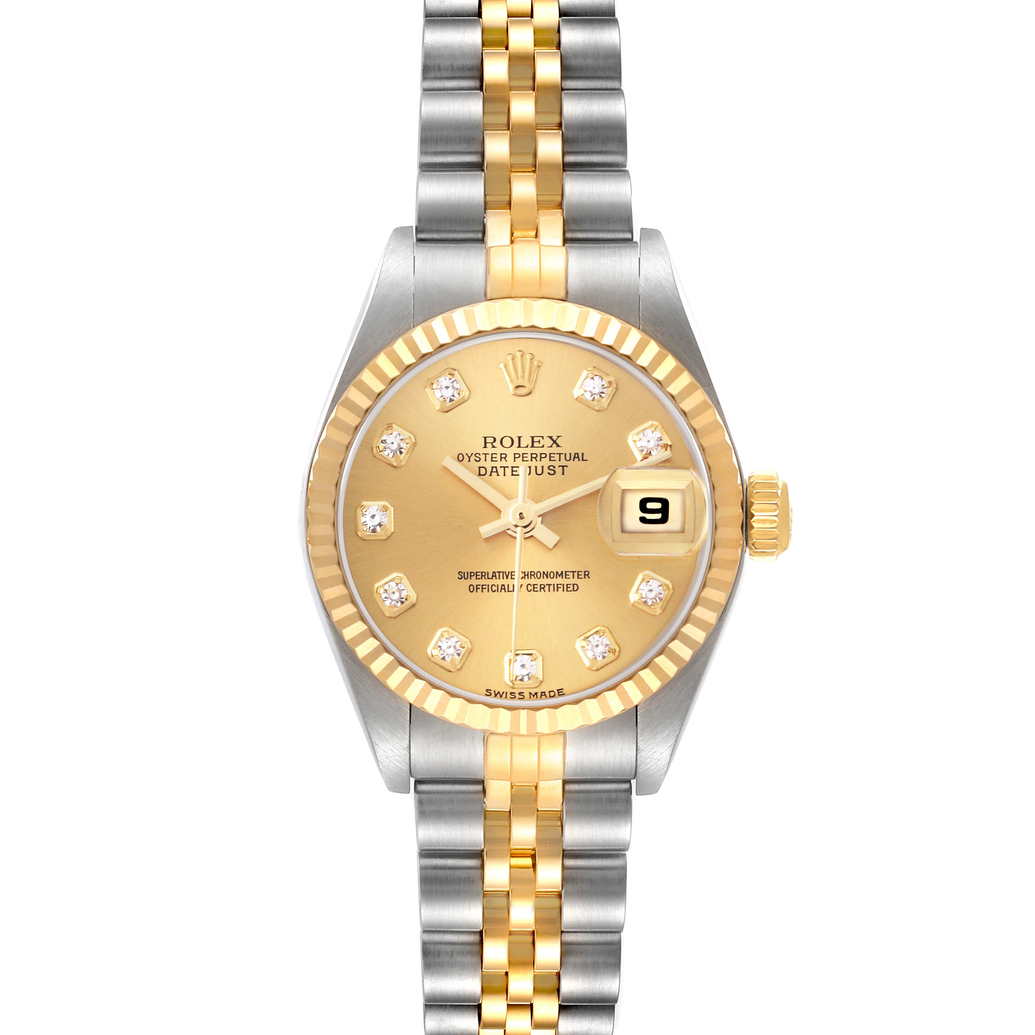 The Rolex Datejust 79173 Women
s Steel and Gold (two tone) Champagne Dial 79173 Women
s Steel and Gold (two tone) Champagne Dial watch is shown from a top-down angle, featuring the dial, bezel, crown, and bracelet.