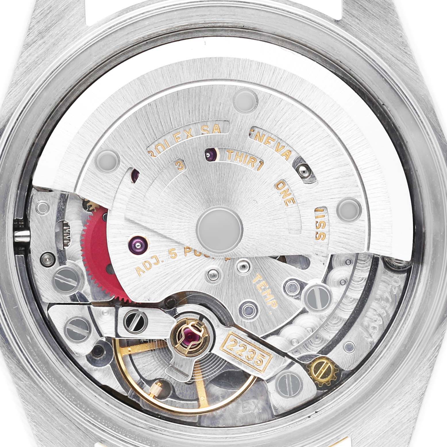 The image shows the back view of the Rolex Datejust 79173 Women
s Steel and Gold (two tone) Champagne Dial 79173 Women
s Steel and Gold (two tone) Champagne Dial, highlighting the intricate movement mechanism.