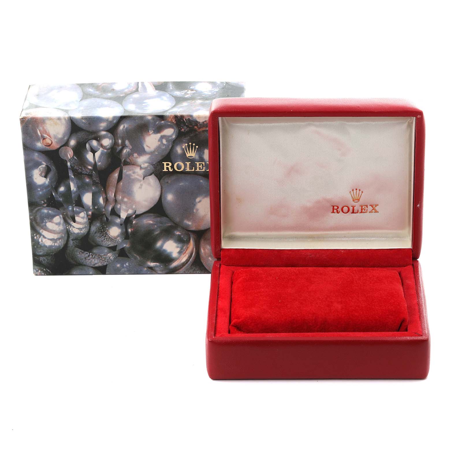 The image shows a red Rolex Datejust 79173 Women
s Steel and Gold (two tone) Champagne Dial 79173 Women
s Steel and Gold (two tone) Champagne Dial watch box and outer packaging at a straight-on angle.