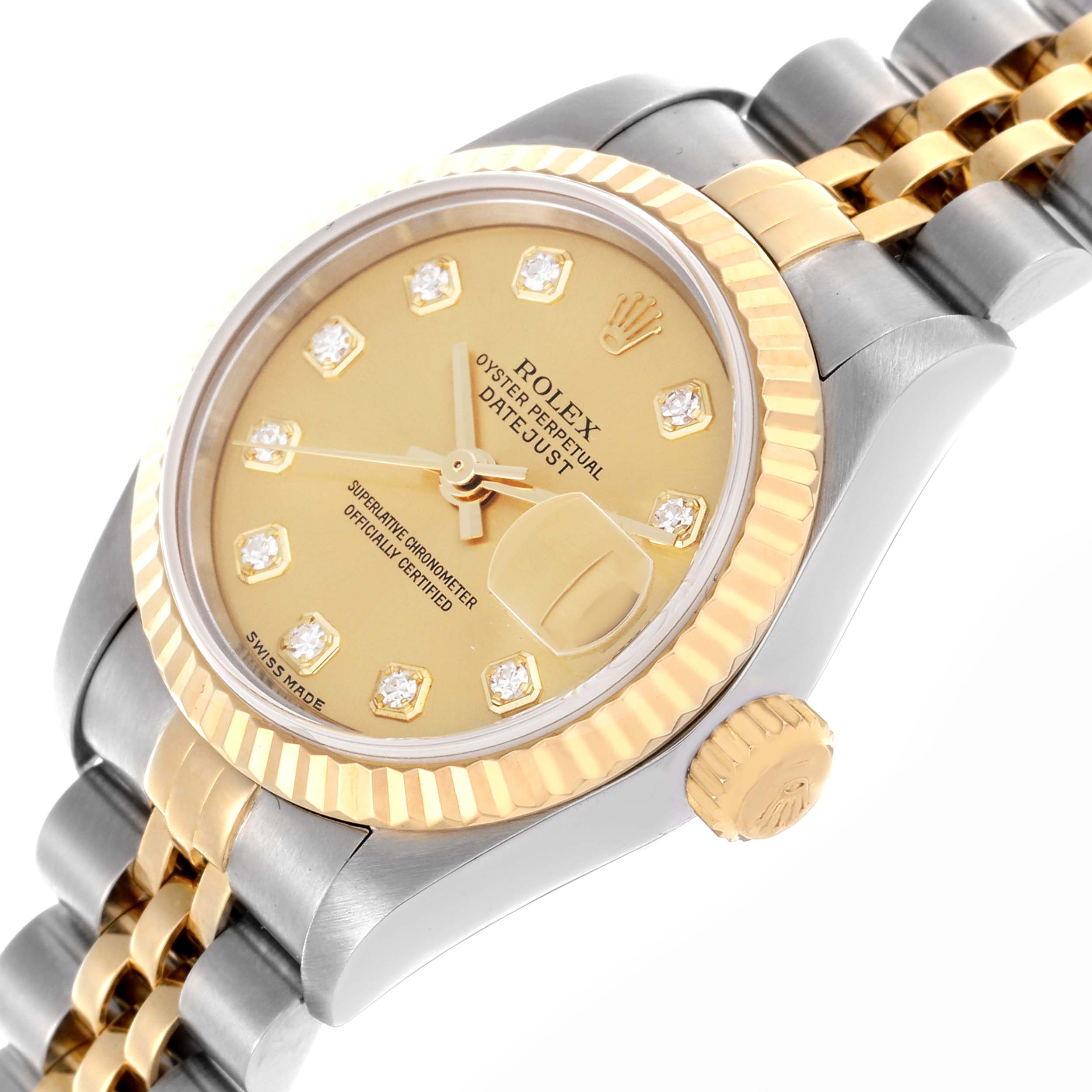 The Rolex Datejust 79173 Women
s Steel and Gold (two tone) Champagne Dial 79173 Women
s Steel and Gold (two tone) Champagne Dial watch is shown from an angled side view, highlighting the face, bezel, crown, and bracelet.