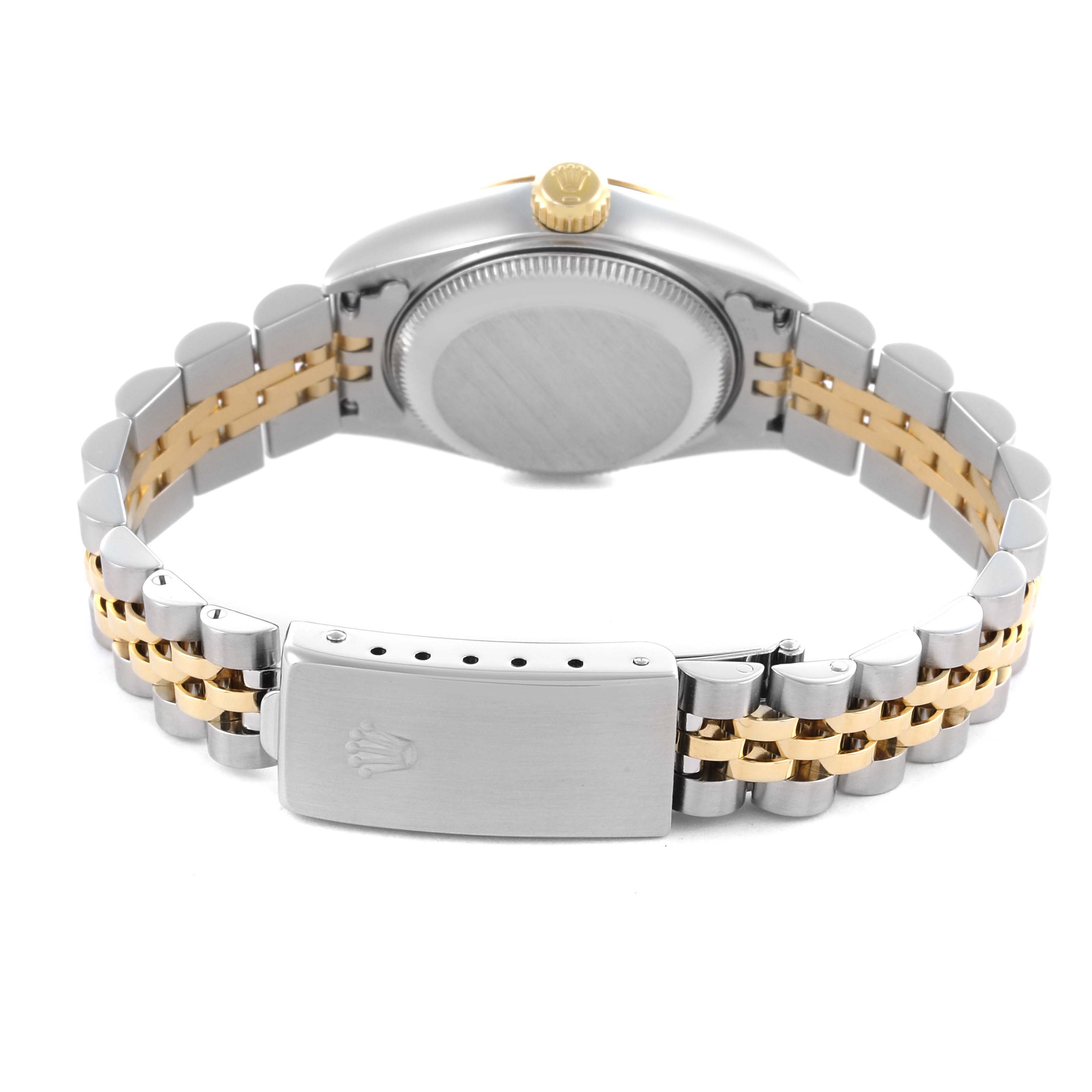 The image shows the back view of a Rolex Datejust 79173 Women
s Steel and Gold (two tone) Champagne Dial 79173 Women
s Steel and Gold (two tone) Champagne Dial, highlighting the clasp, bracelet, and case back.