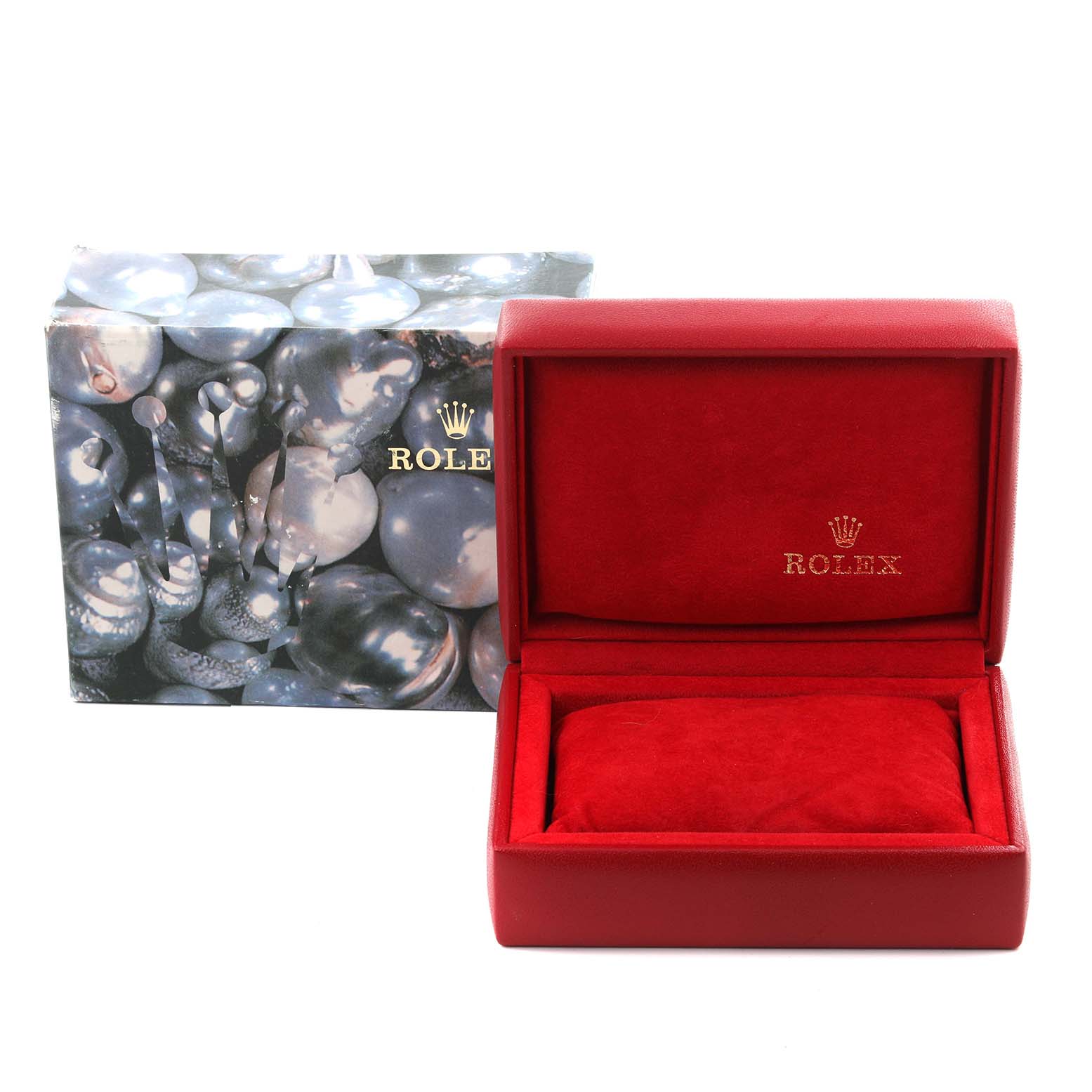 The image shows an empty red Rolex Datejust 79173 Women
s Steel and Gold (two tone) Champagne Dial 79173 Women
s Steel and Gold (two tone) Champagne Dial watch box and a Rolex-themed outer box.