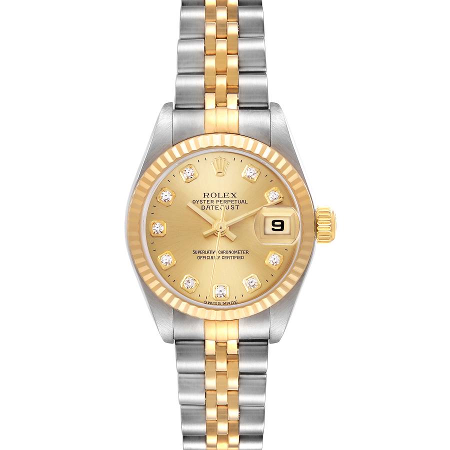 This Rolex Datejust model is shown from a front angle, highlighting its dial, bezel, and bracelet.