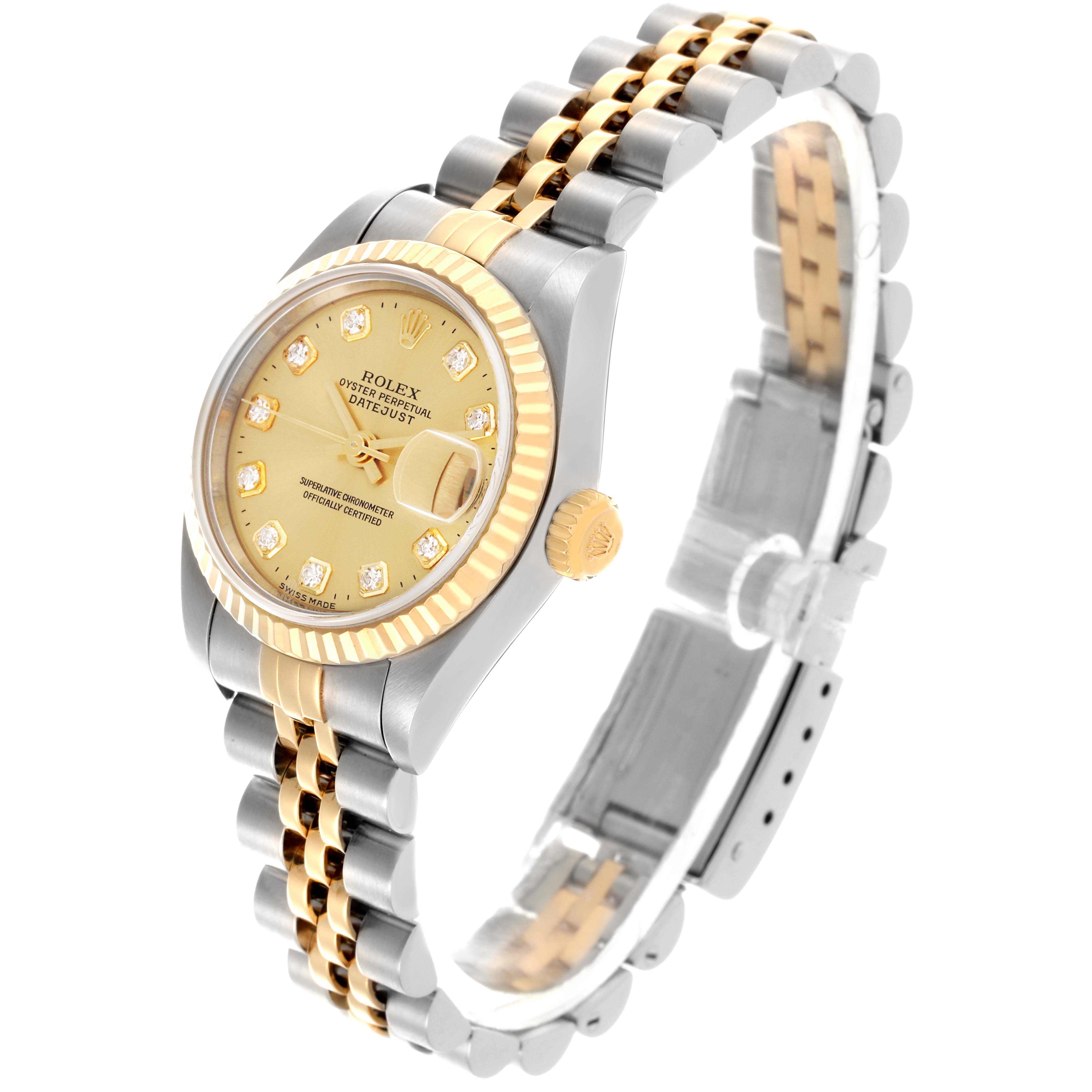 The Rolex Datejust 79173 Women
s Steel and Gold (two tone) Champagne Dial 79173 Women
s Steel and Gold (two tone) Champagne Dial watch is shown from a slight side angle, highlighting the case, dial, bezel, and bracelet.