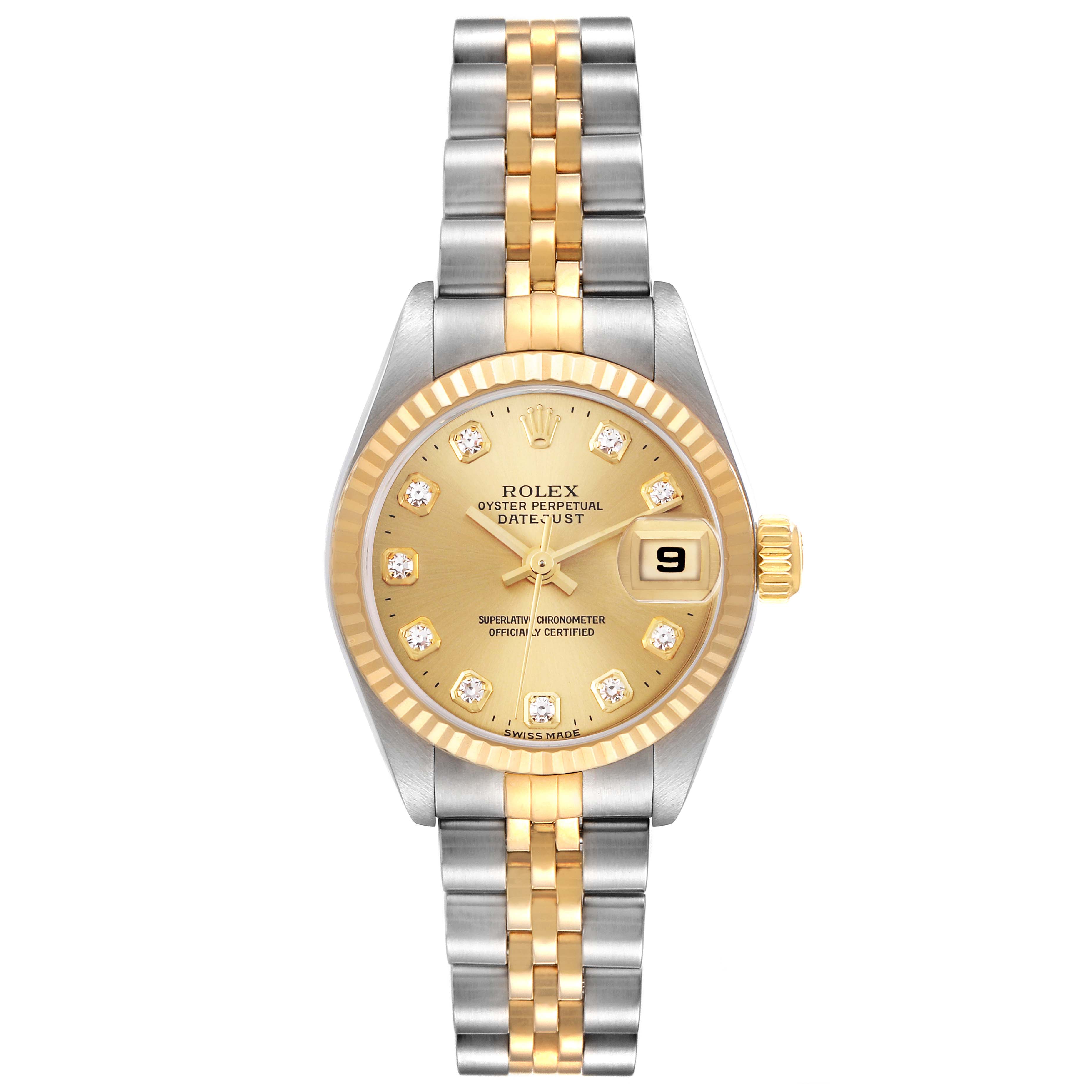 The Rolex Datejust 79173 Women
s Steel and Gold (two tone) Champagne Dial 79173 Women
s Steel and Gold (two tone) Champagne Dial watch is shown from a front view, displaying the face, bezel, and two-tone bracelet.