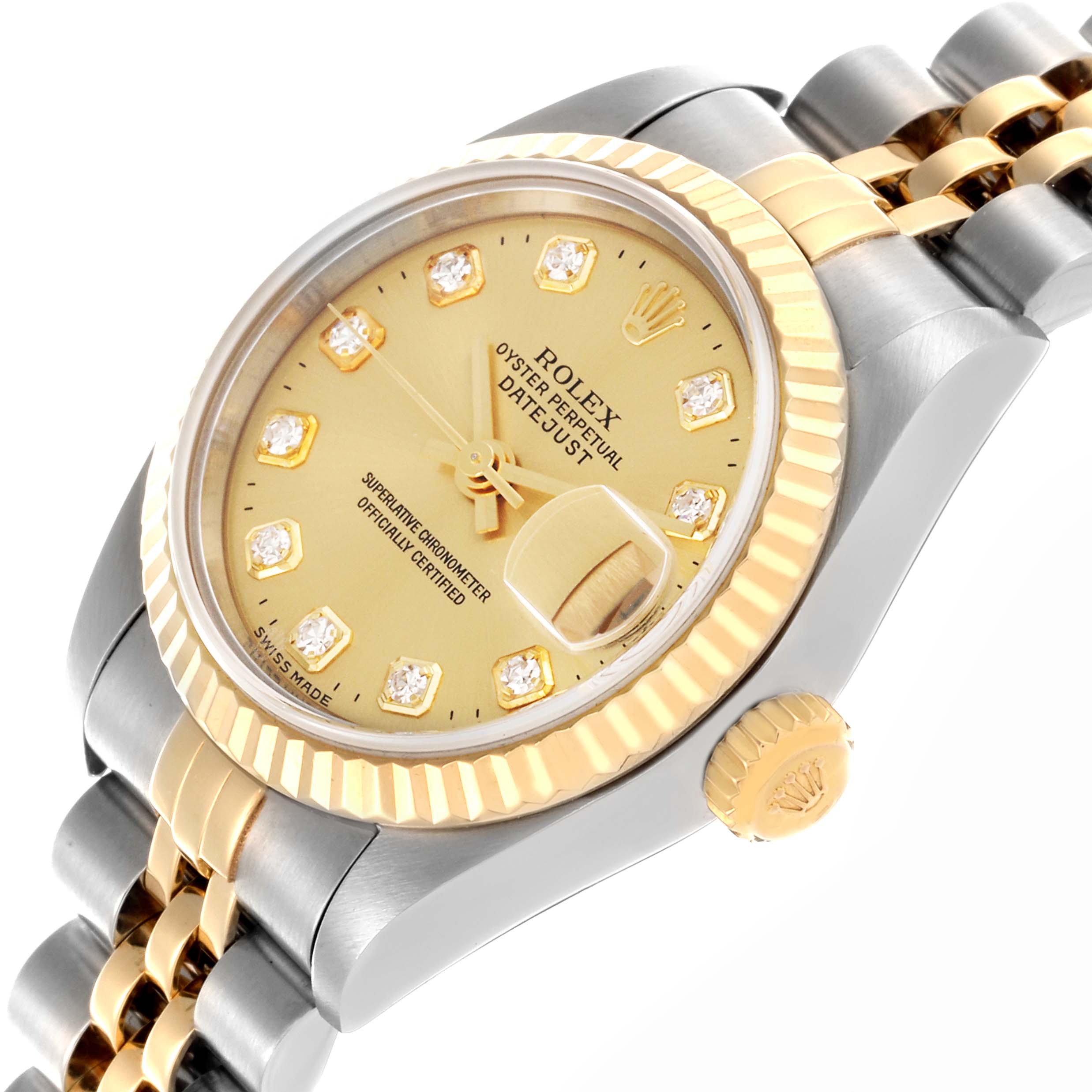 The Rolex Datejust 79173 Women
s Steel and Gold (two tone) Champagne Dial 79173 Women
s Steel and Gold (two tone) Champagne Dial watch is shown at a three-quarter angle, highlighting the dial, bezel, crown, and part of the bracelet.
