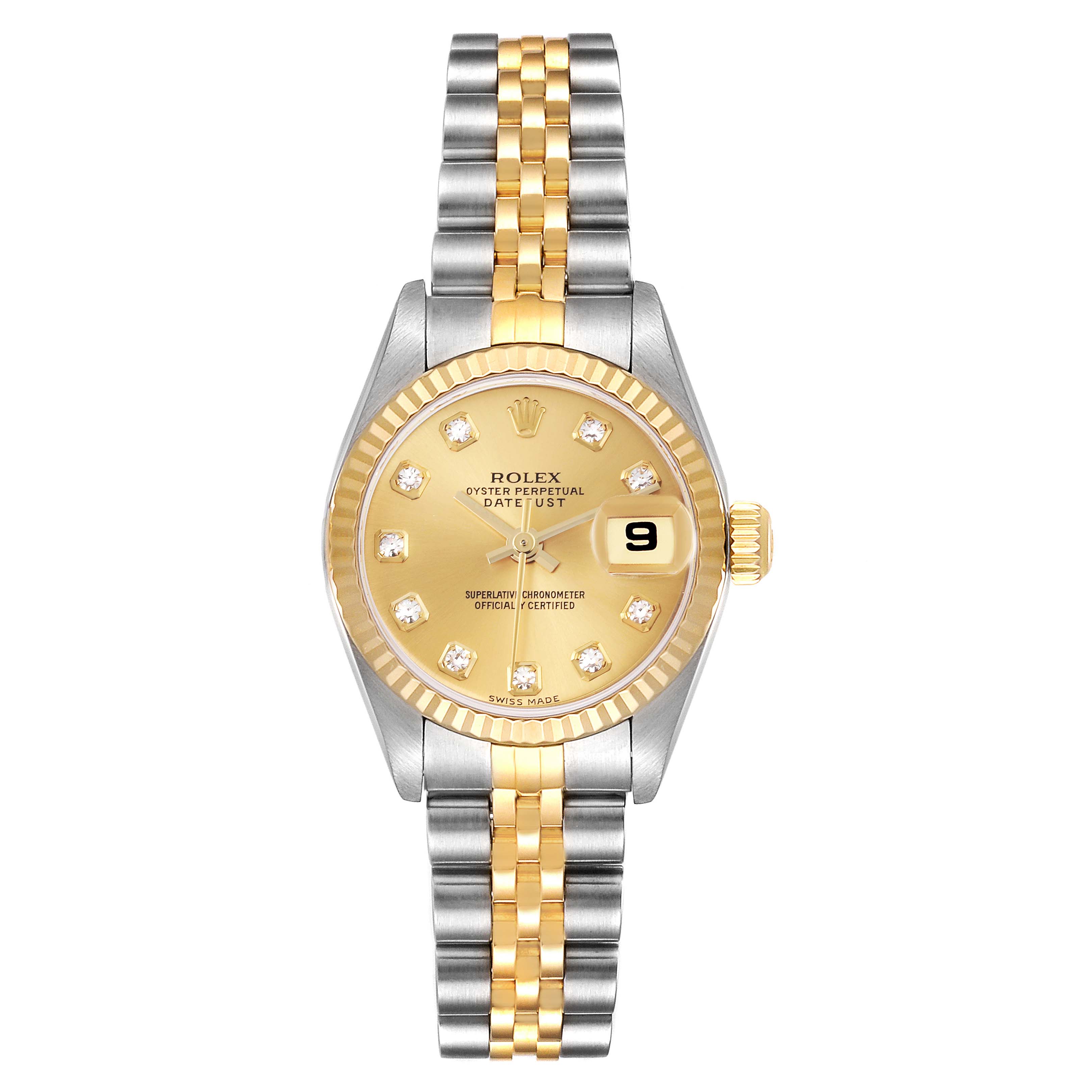 The Rolex Datejust 79173 Women
s Steel and Gold (two tone) Champagne Dial 79173 Women
s Steel and Gold (two tone) Champagne Dial watch is shown from the front, displaying the face, bracelet, and bezel.