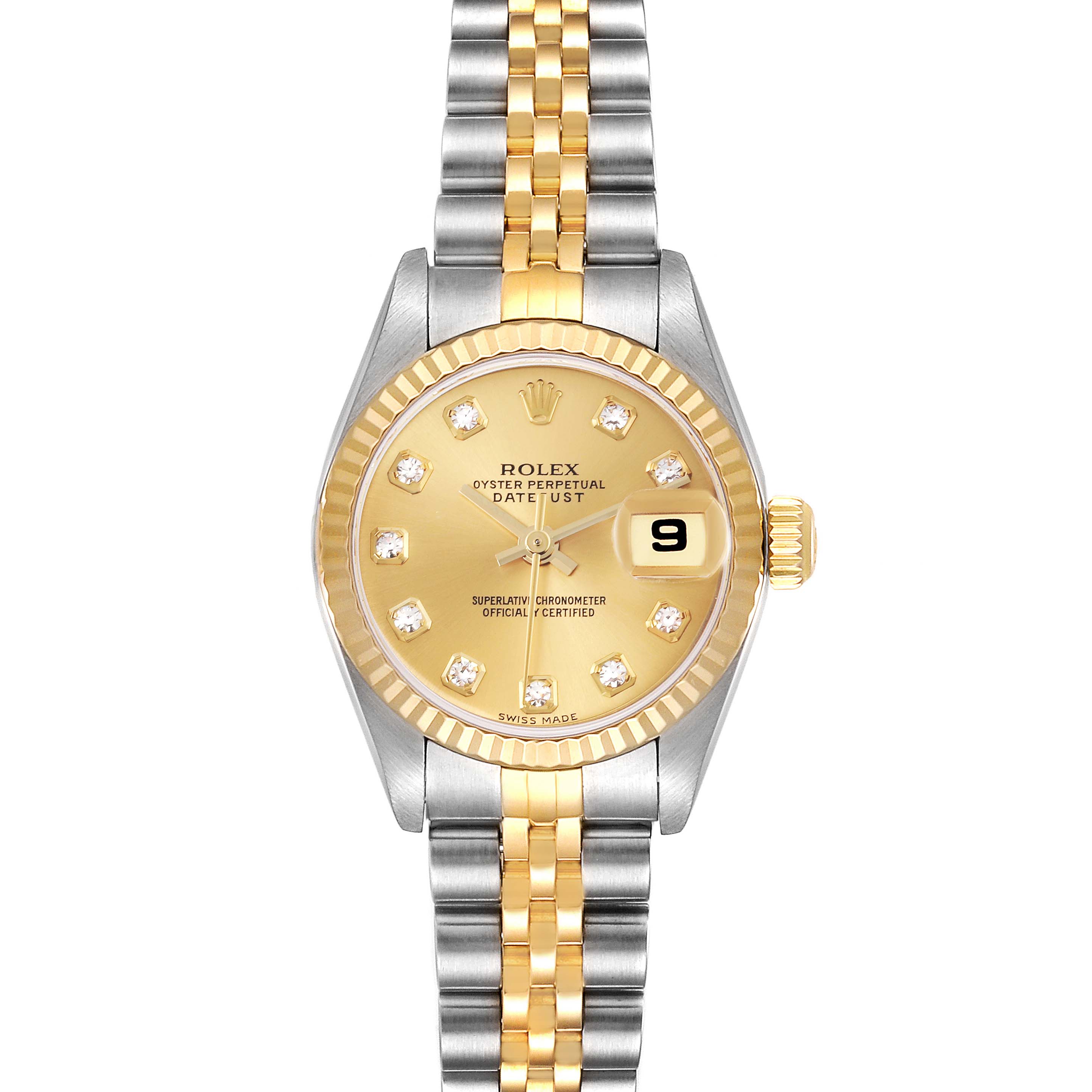The Rolex Datejust 79173 Women
s Steel and Gold (two tone) Champagne Dial 79173 Women
s Steel and Gold (two tone) Champagne Dial watch is shown from a top-down angle, featuring the dial, bezel, and bracelet.