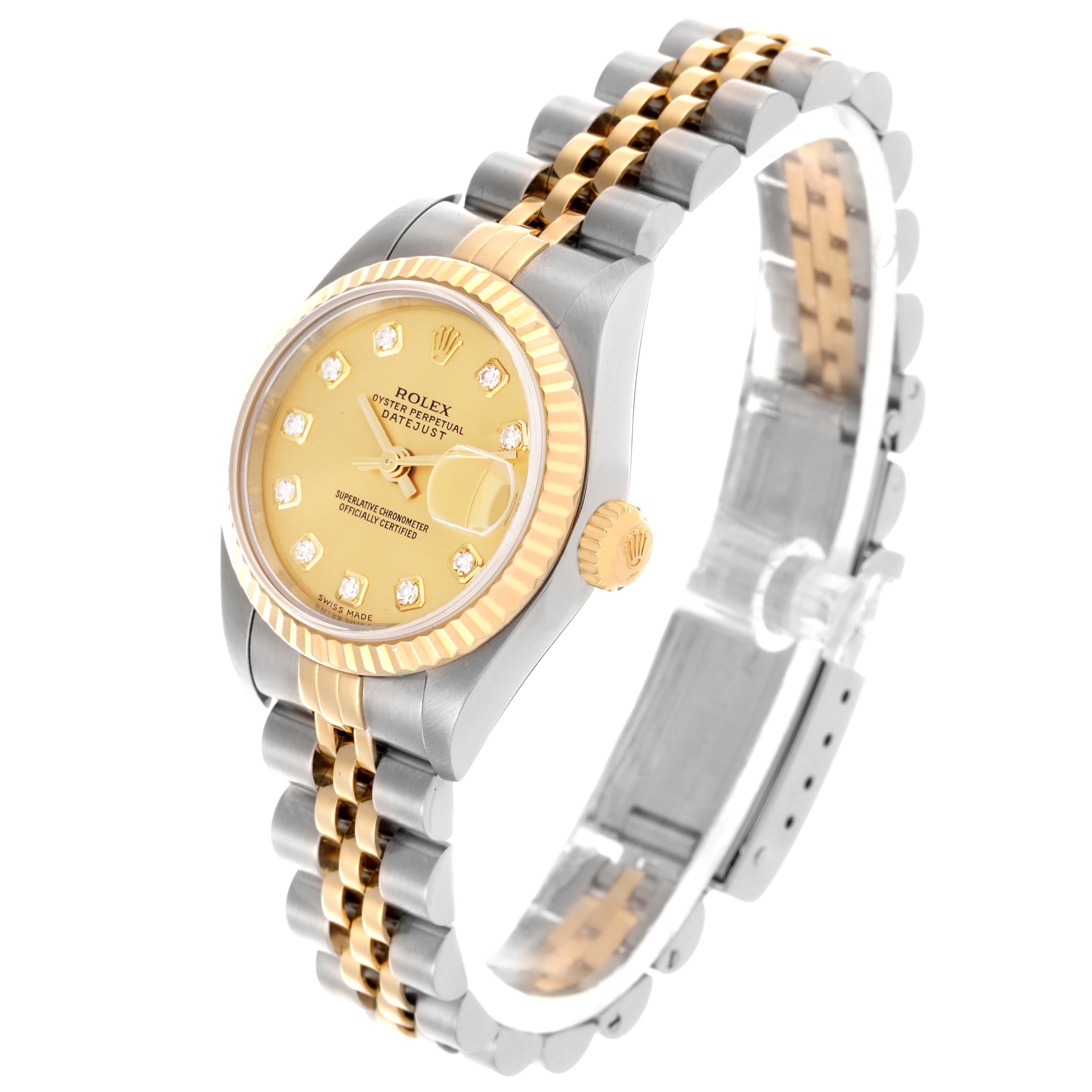 The Rolex Datejust 79173 Women
s Steel and Gold (two tone) Champagne Dial 79173 Women
s Steel and Gold (two tone) Champagne Dial watch is shown at a three-quarter angle, highlighting its gold and silver band and diamond-accented dial.