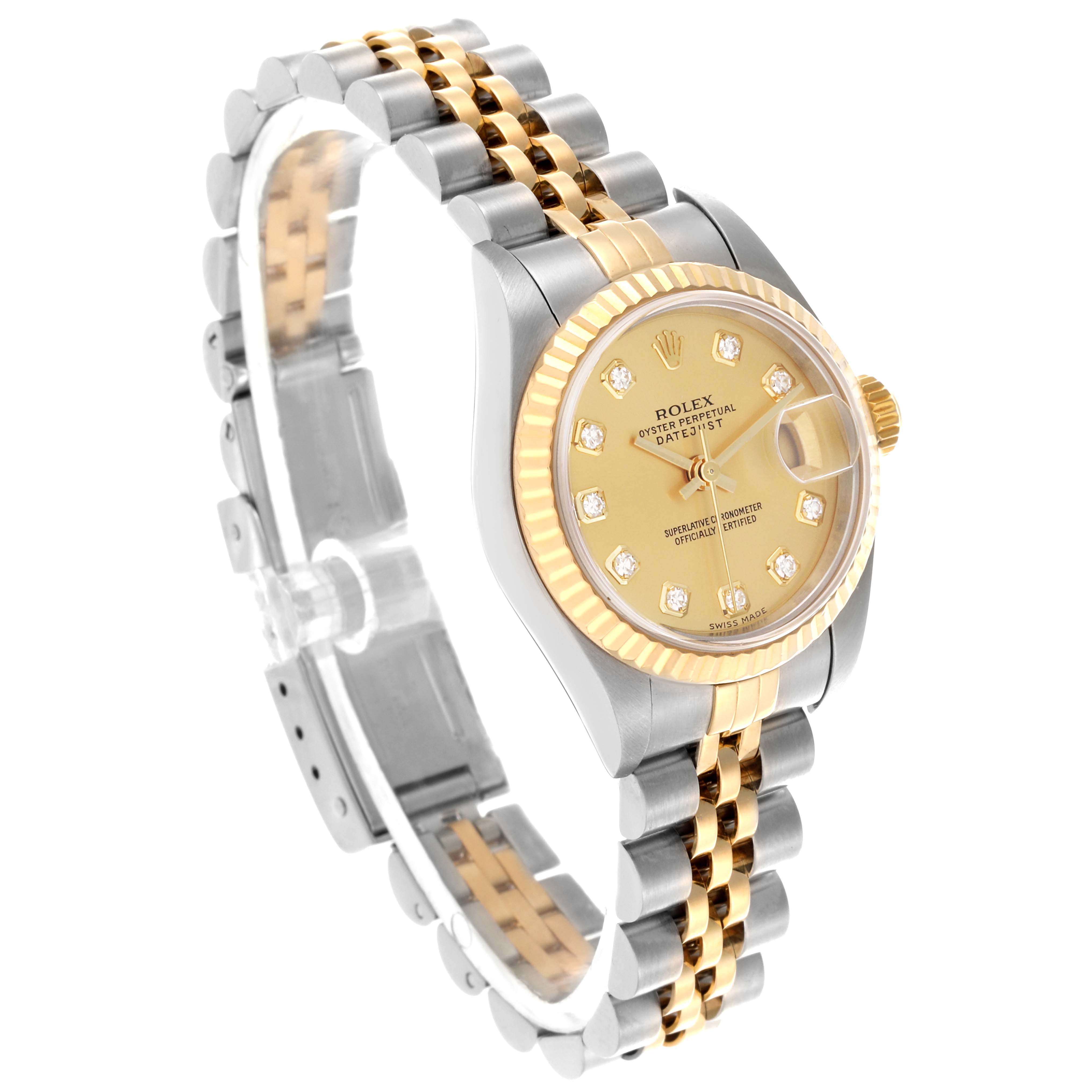 The Rolex Datejust 79173 Women
s Steel and Gold (two tone) Champagne Dial 79173 Women
s Steel and Gold (two tone) Champagne Dial watch is shown from an angled view, highlighting the gold dial, fluted bezel, and two-tone bracelet.