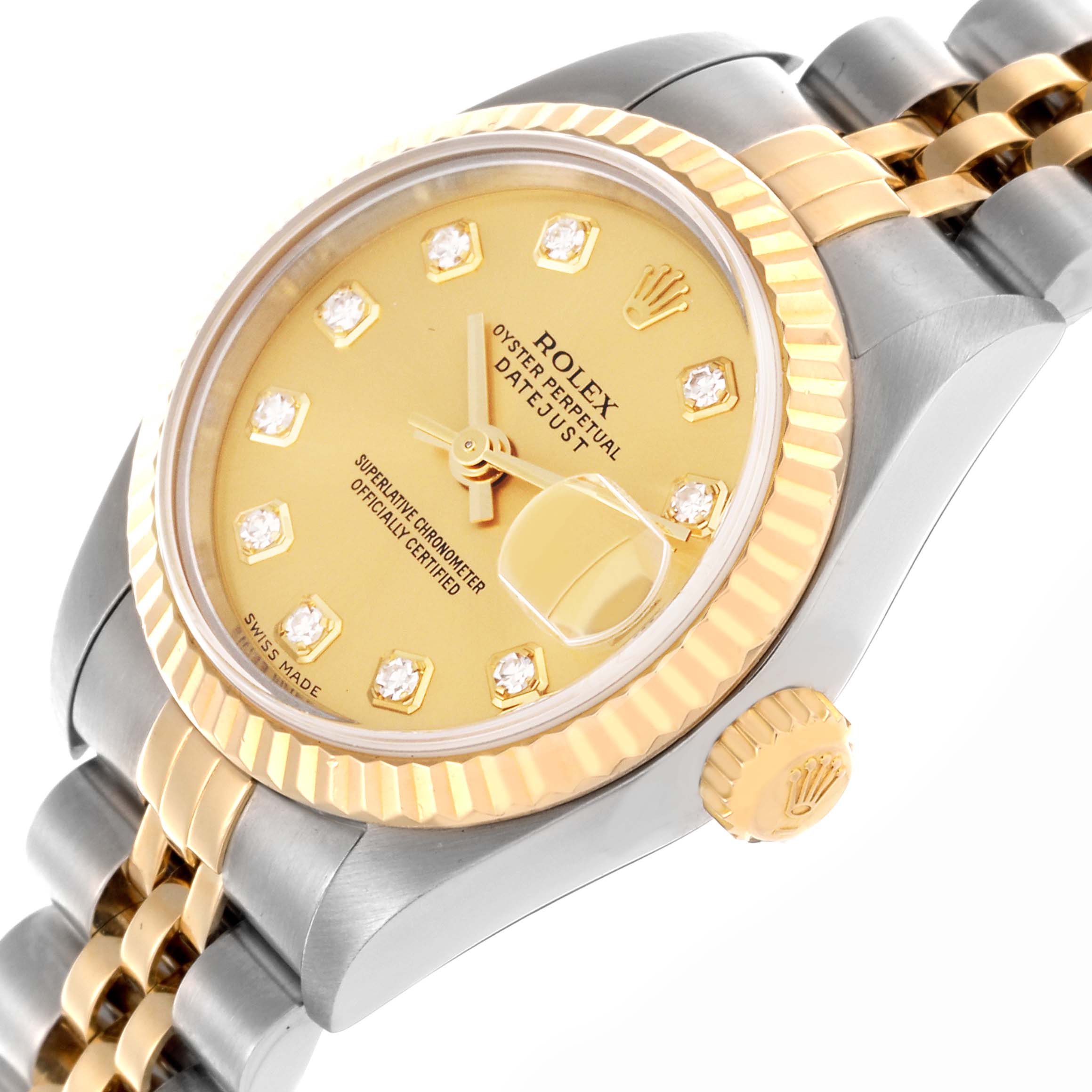 The image shows a side view of a Rolex Datejust 79173 Women
s Steel and Gold (two tone) Champagne Dial 79173 Women
s Steel and Gold (two tone) Champagne Dial, highlighting the bezel, crown, and two-tone bracelet.