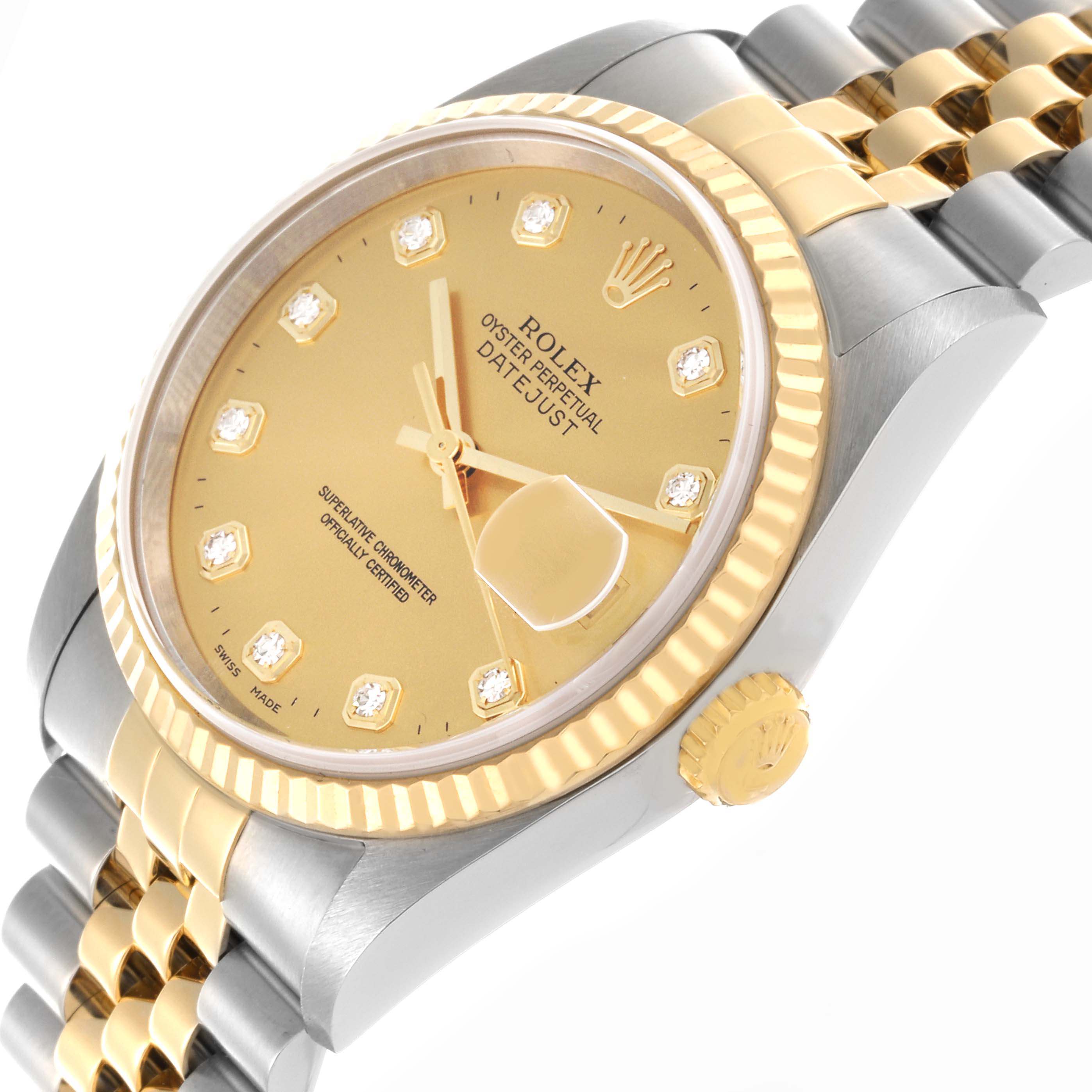 The Rolex Datejust 16233 Men's Steel and Gold (two tone) Champagne Dial 16233 Men's Steel and Gold (two tone) Champagne Dial watch is shown at an angled top-side view, highlighting its face, bezel, crown, and bracelet.