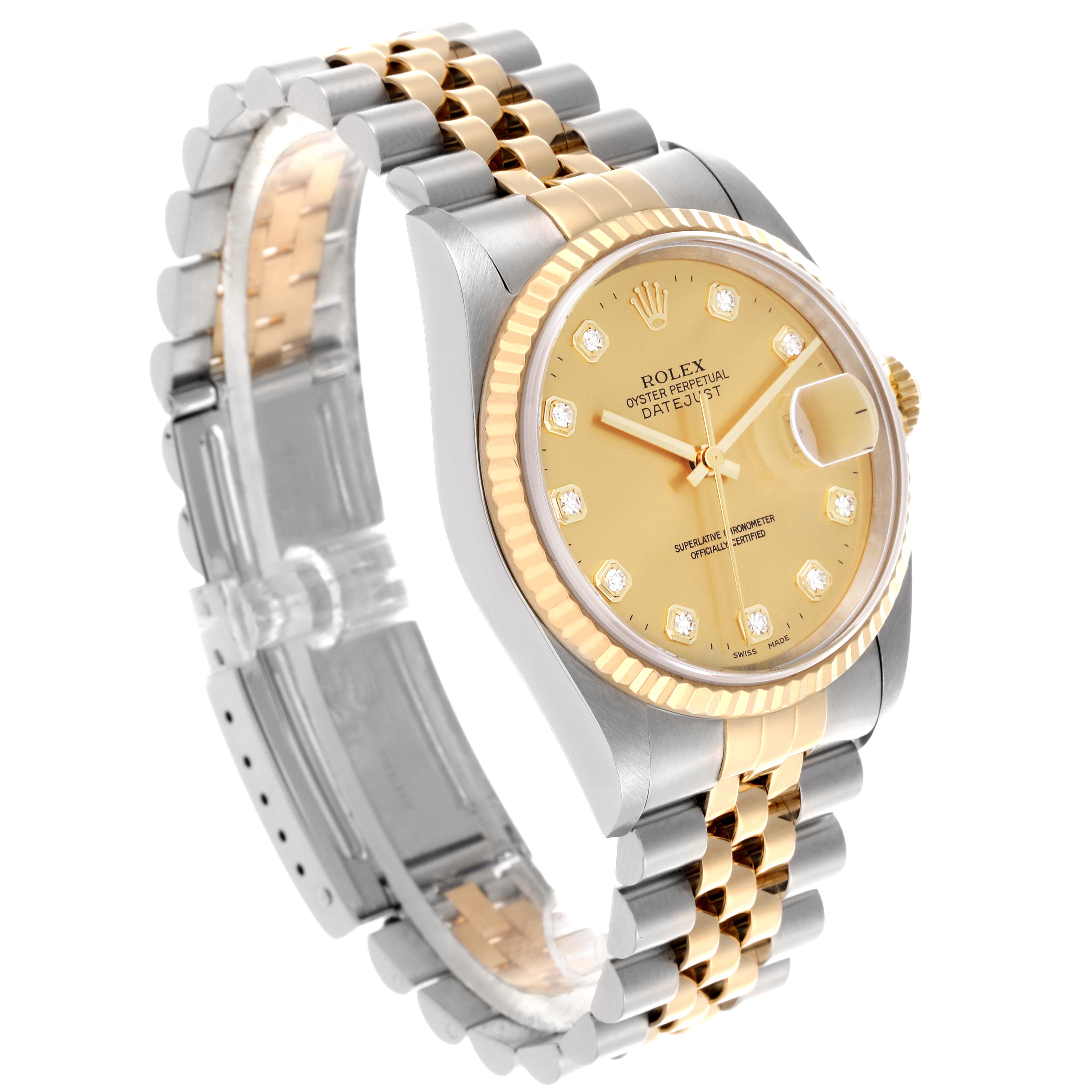 The Rolex Datejust 16233 Men's Steel and Gold (two tone) Champagne Dial 16233 Men's Steel and Gold (two tone) Champagne Dial watch is shown at a slight angle, displaying the dial, bezel, and Jubilee bracelet.