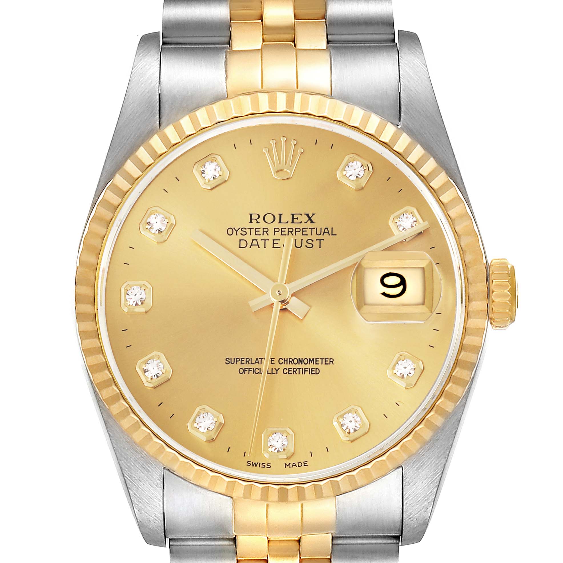 The Rolex Datejust 16233 Men's Steel and Gold (two tone) Champagne Dial 16233 Men's Steel and Gold (two tone) Champagne Dial watch is shown from a frontal angle, highlighting its gold and silver bracelet, bezel, and dial with date display.