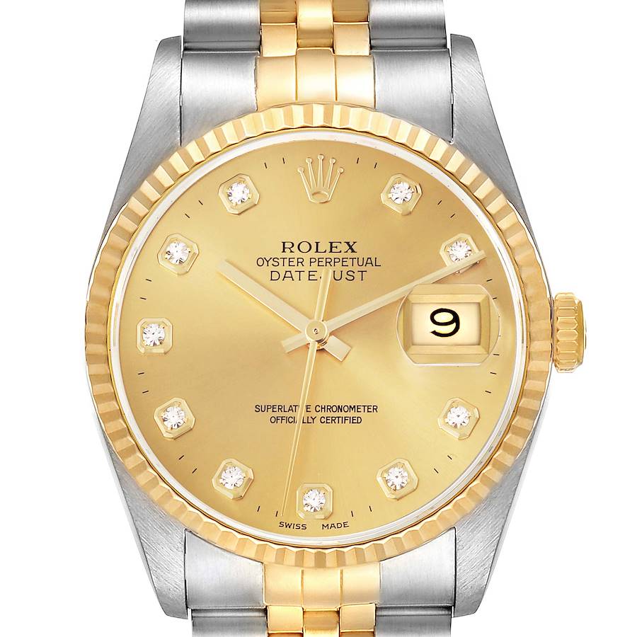 The Rolex Datejust watch is shown from a frontal angle, highlighting its gold and silver bracelet, bezel, and dial with date display.