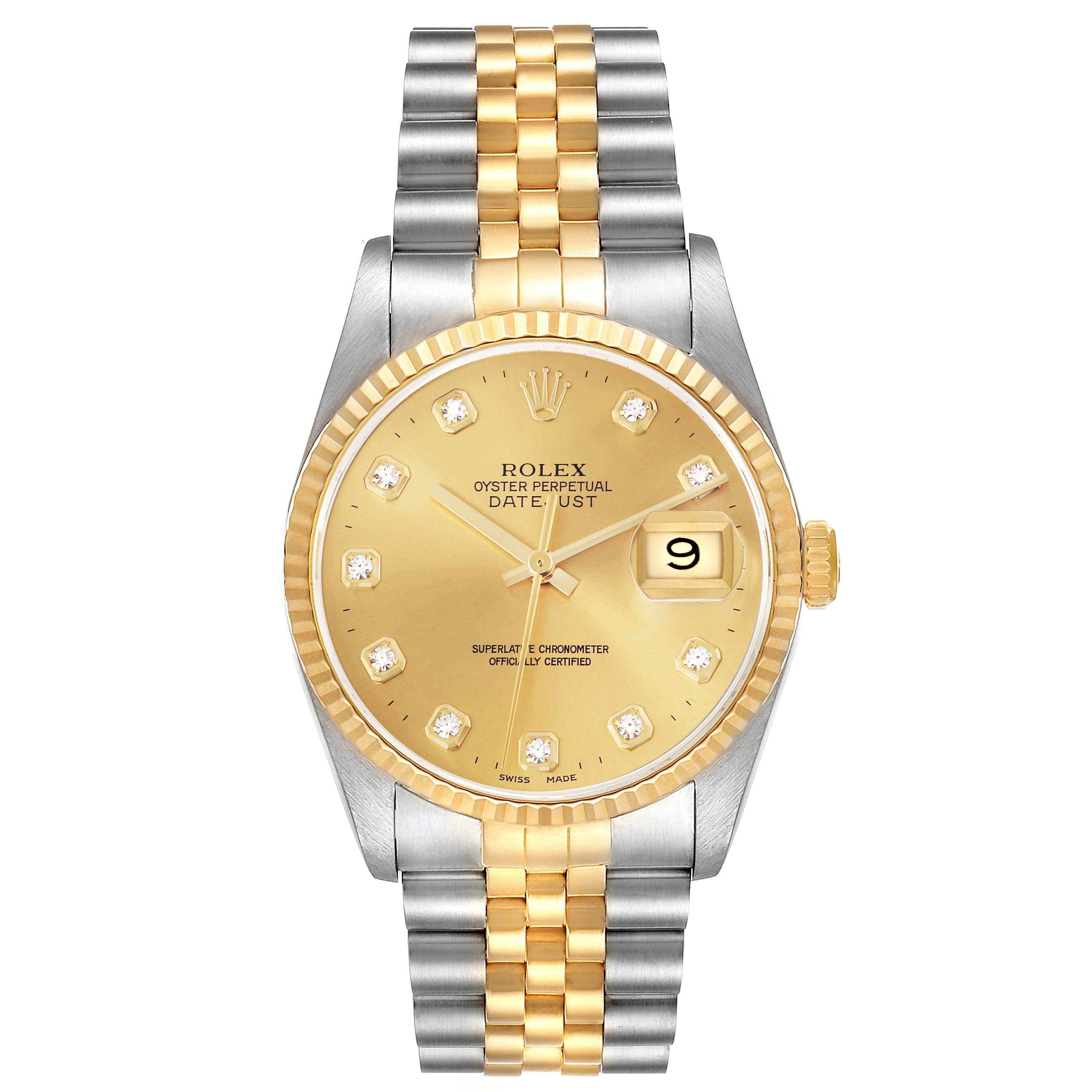 The Rolex Datejust 16233 Men's Steel and Gold (two tone) Champagne Dial 16233 Men's Steel and Gold (two tone) Champagne Dial watch is shown from a front angle, displaying the face, bezel, and bracelet.