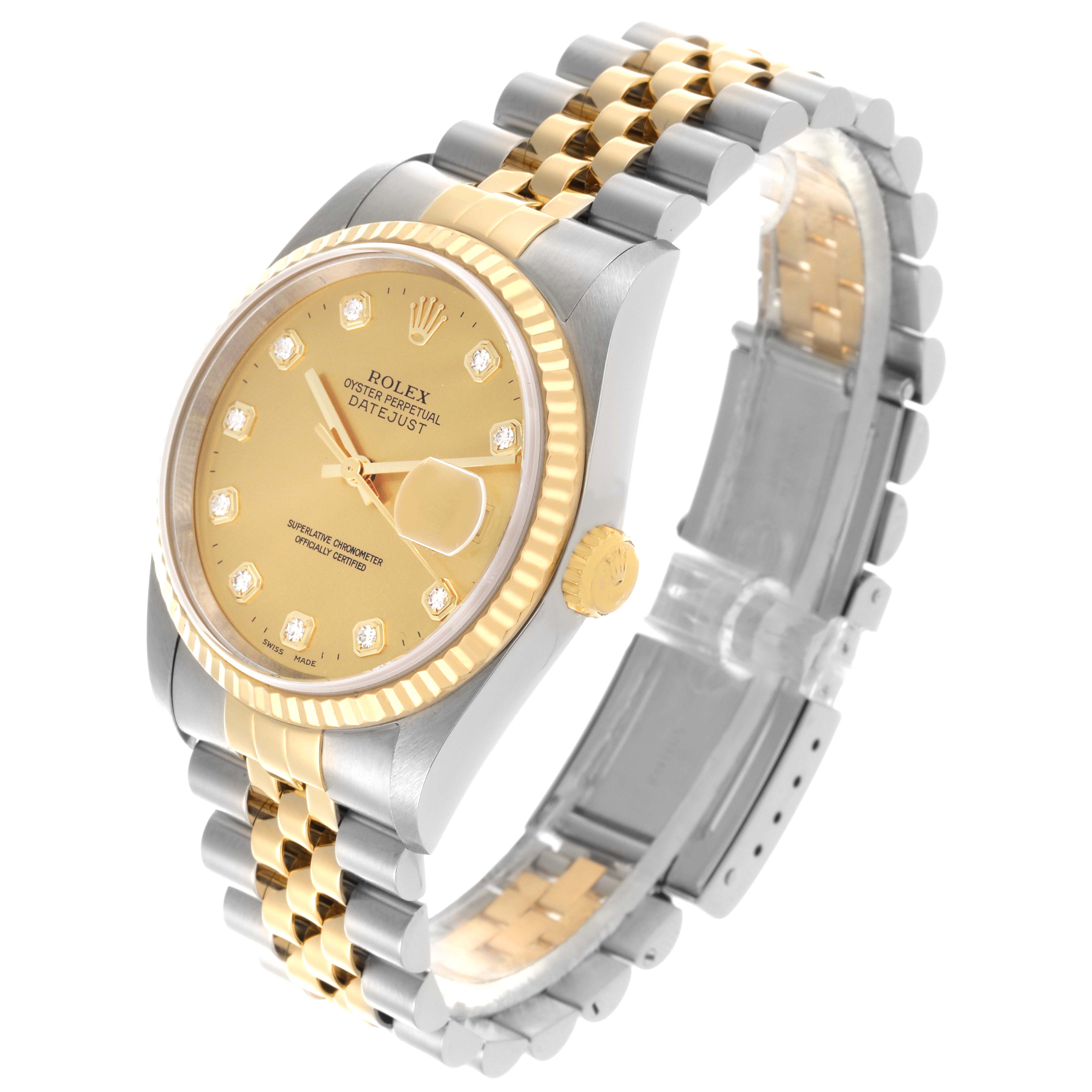 The Rolex Datejust 16233 Men's Steel and Gold (two tone) Champagne Dial 16233 Men's Steel and Gold (two tone) Champagne Dial is shown at a slight angled view, highlighting the gold bezel, face, and the two-tone Jubilee bracelet.