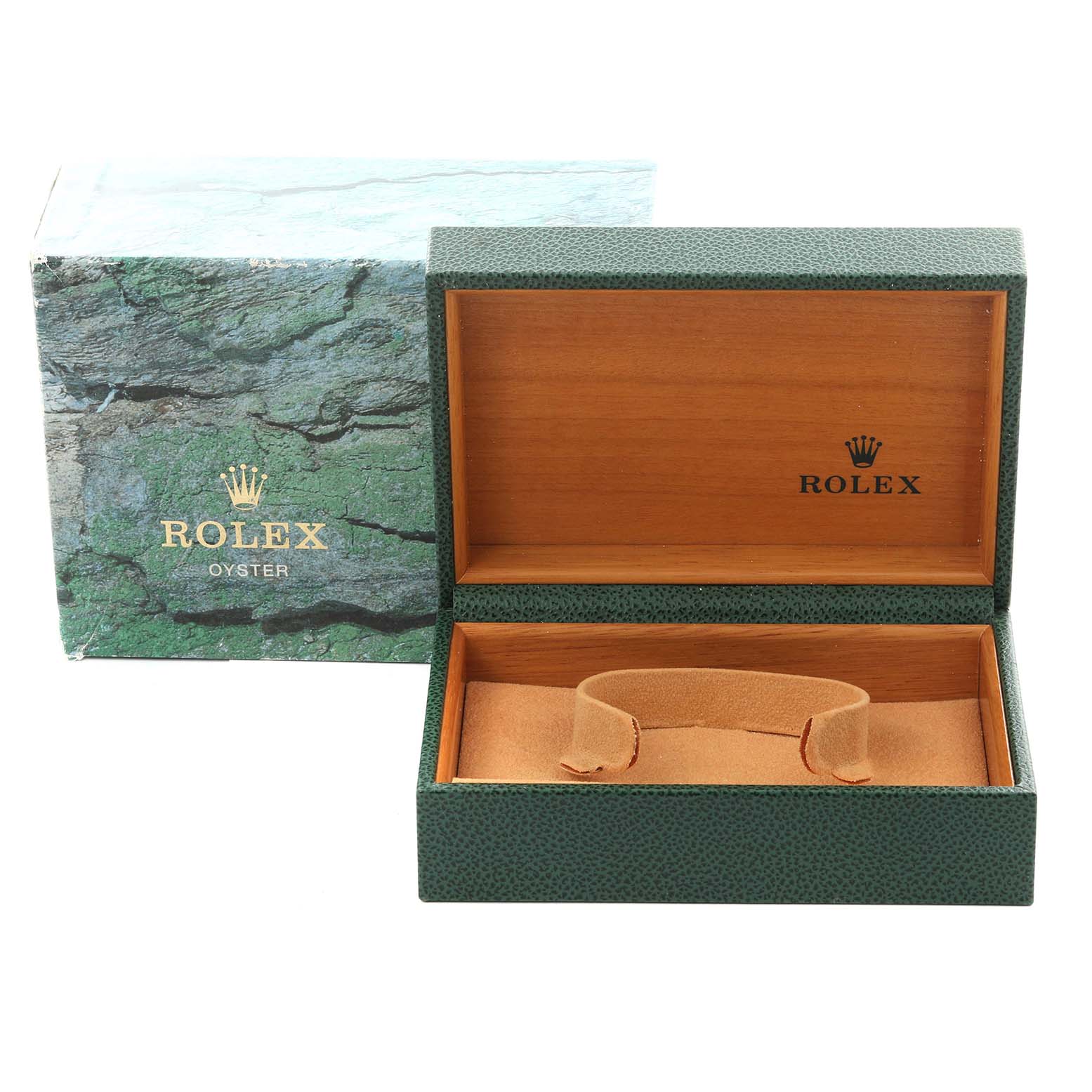 The image shows an open Rolex Datejust 16233 Men's Steel and Gold (two tone) Champagne Dial 16233 Men's Steel and Gold (two tone) Champagne Dial watch box at an eye-level angle, displaying the interior cushion and packaging.