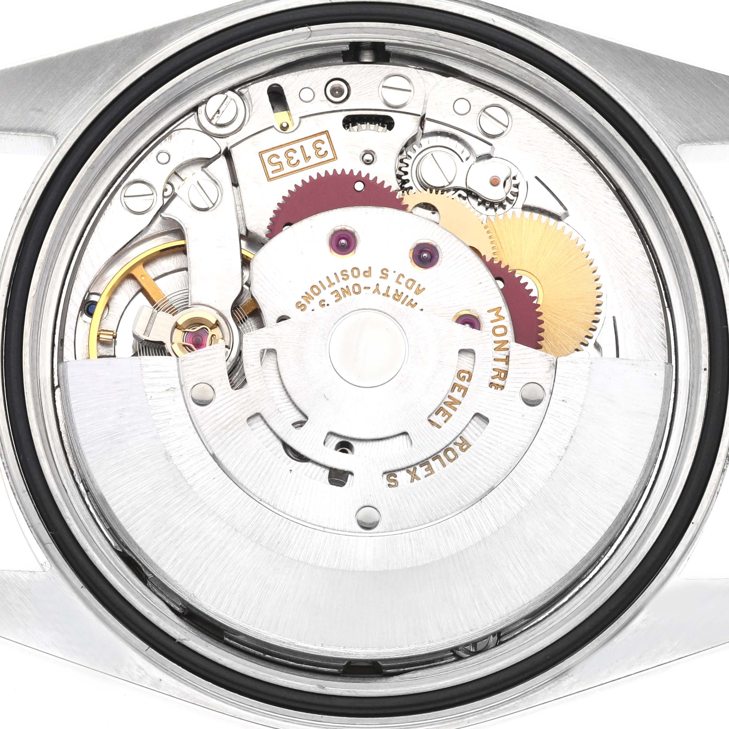 This image shows the internal mechanism of a Rolex Datejust 16233 Men's Steel and Gold (two tone) Champagne Dial 16233 Men's Steel and Gold (two tone) Champagne Dial watch viewed from the back, revealing its intricate components.