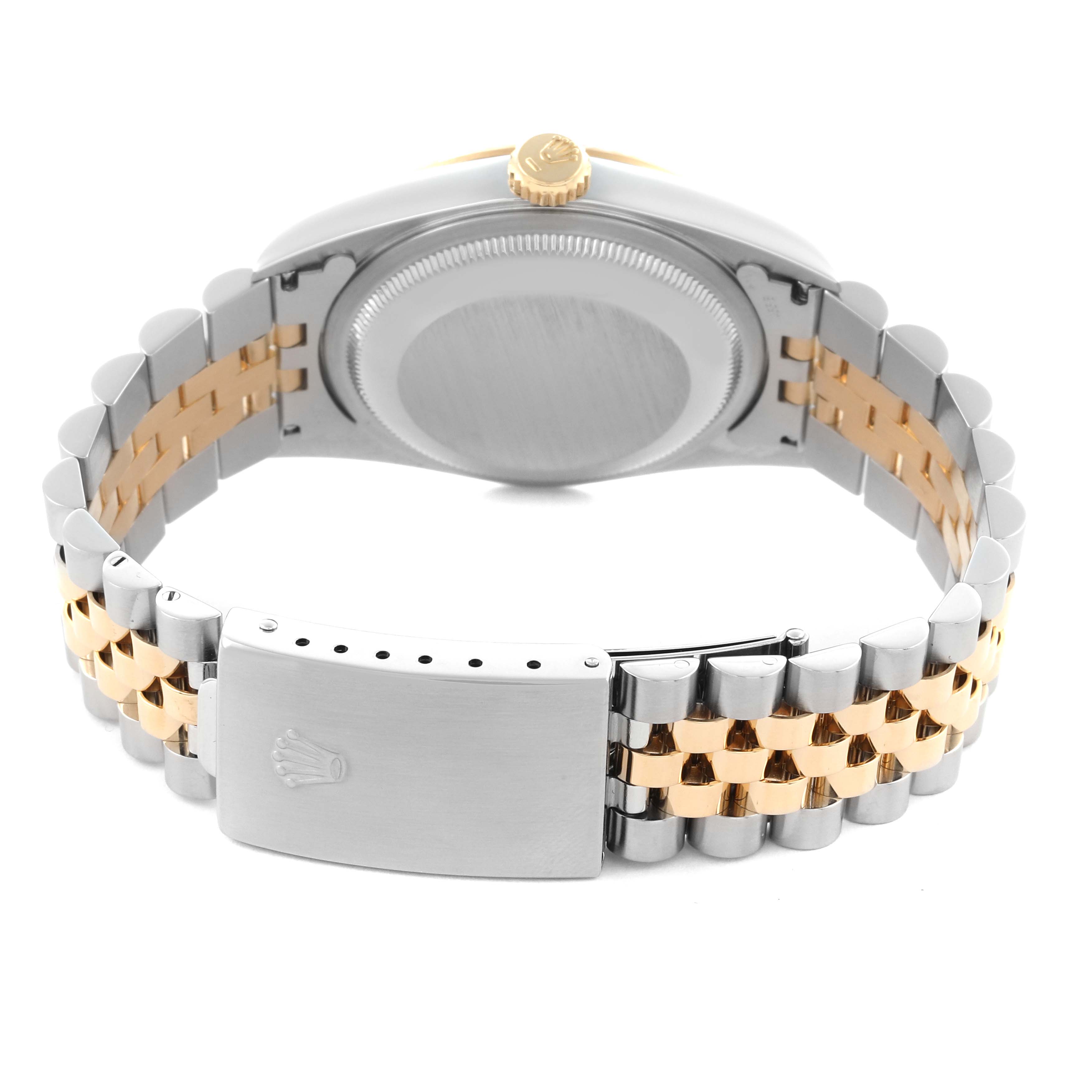 The image shows the back of the Rolex Datejust 16233 Men's Steel and Gold (two tone) Champagne Dial 16233 Men's Steel and Gold (two tone) Champagne Dial watch, highlighting the case, crown, and two-tone Jubilee bracelet with clasp.