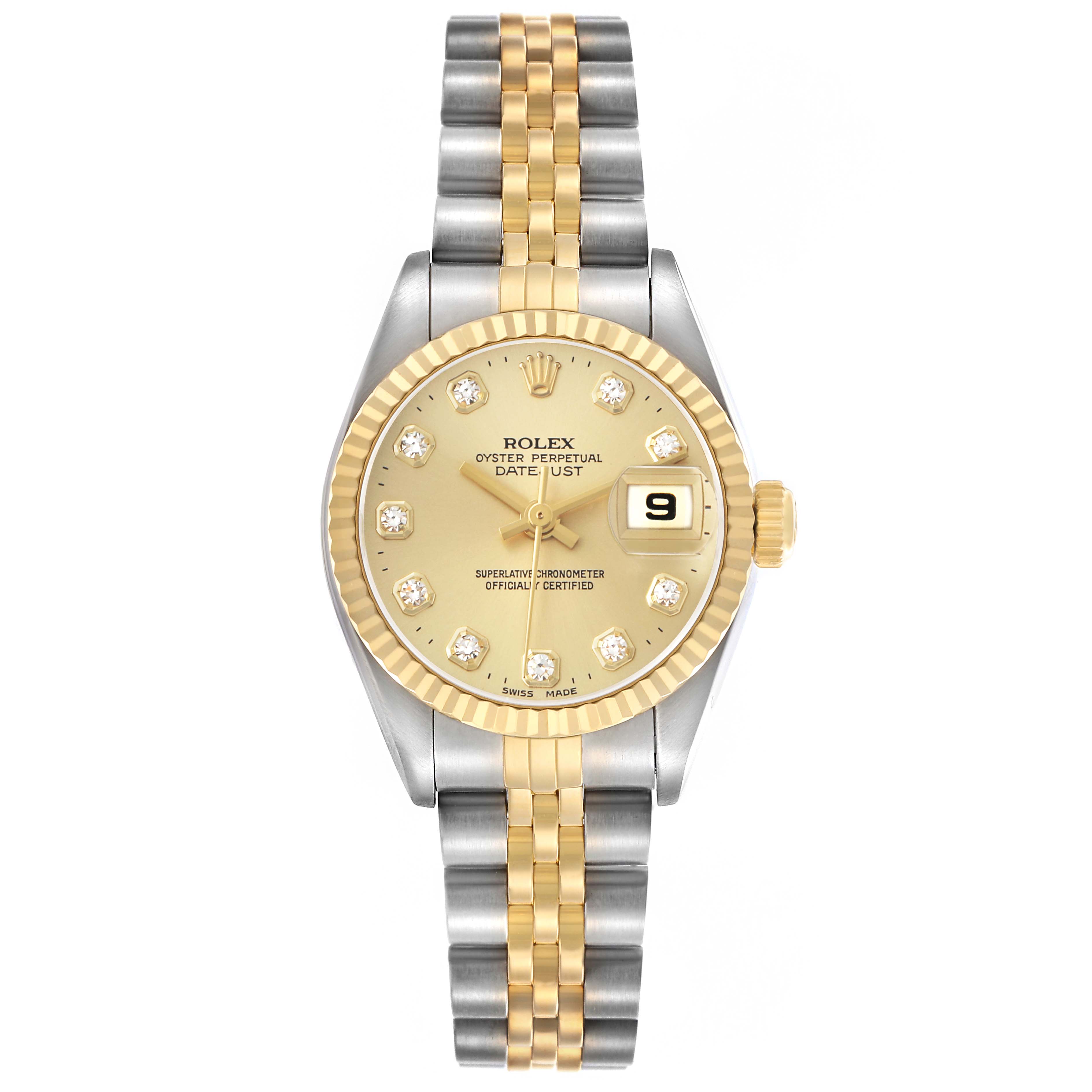 The Rolex Datejust 79173 Women's Steel and Gold (two tone) Champagne Dial watch is shown from a top-down angle, highlighting the dial, gold bezel, and two-tone bracelet.