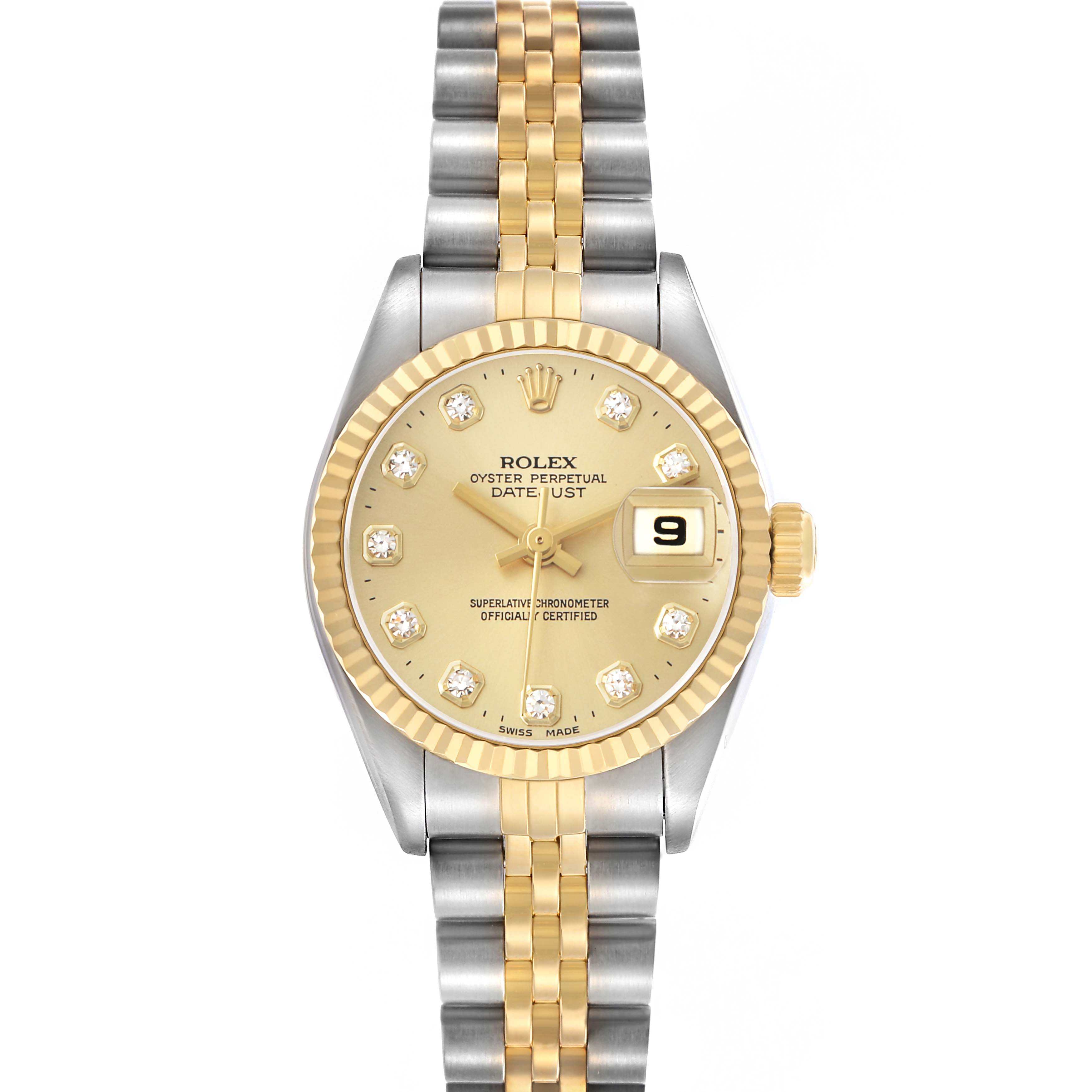The image shows a Rolex Datejust 79173 Women's Steel and Gold (two tone) Champagne Dial watch from a front angle, displaying its dial, bezel, crown, and two-tone bracelet.