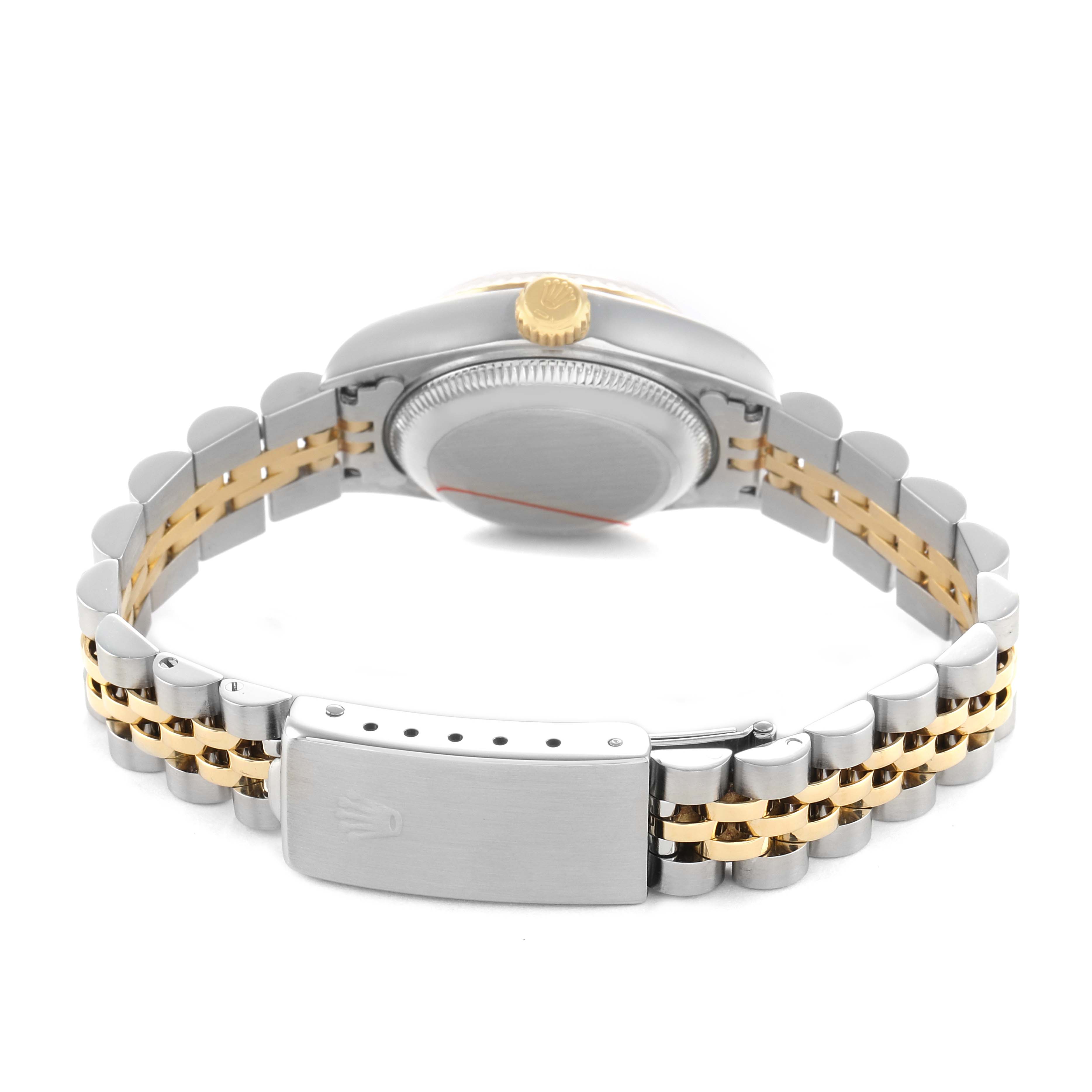 The Rolex Datejust 79173 Women's Steel and Gold (two tone) Champagne Dial watch is shown from the back, highlighting the case back, crown, and two-tone bracelet with clasp.