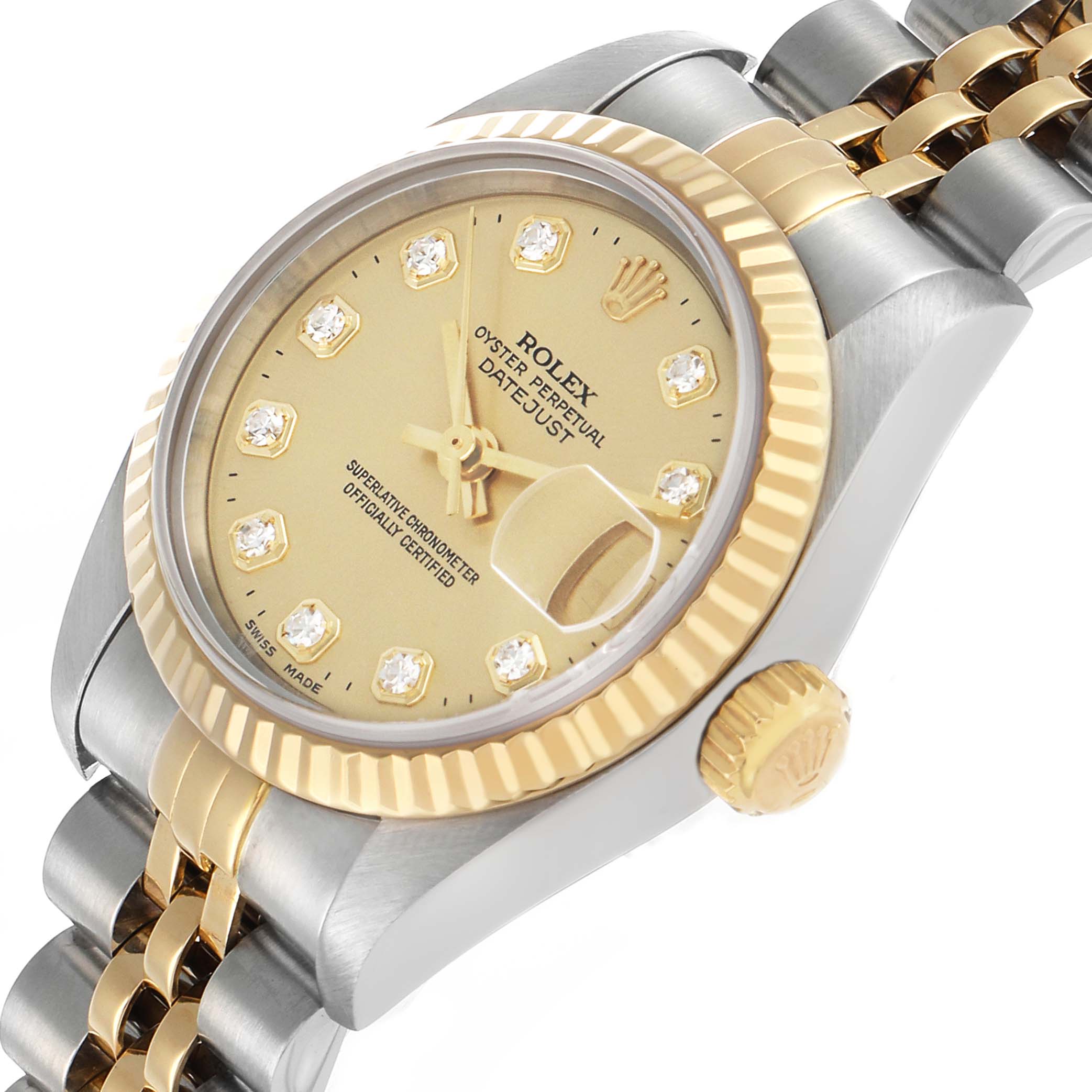 The Rolex Datejust 79173 Women's Steel and Gold (two tone) Champagne Dial is shown at a three-quarter angle, highlighting the dial, fluted bezel, and Jubilee bracelet.