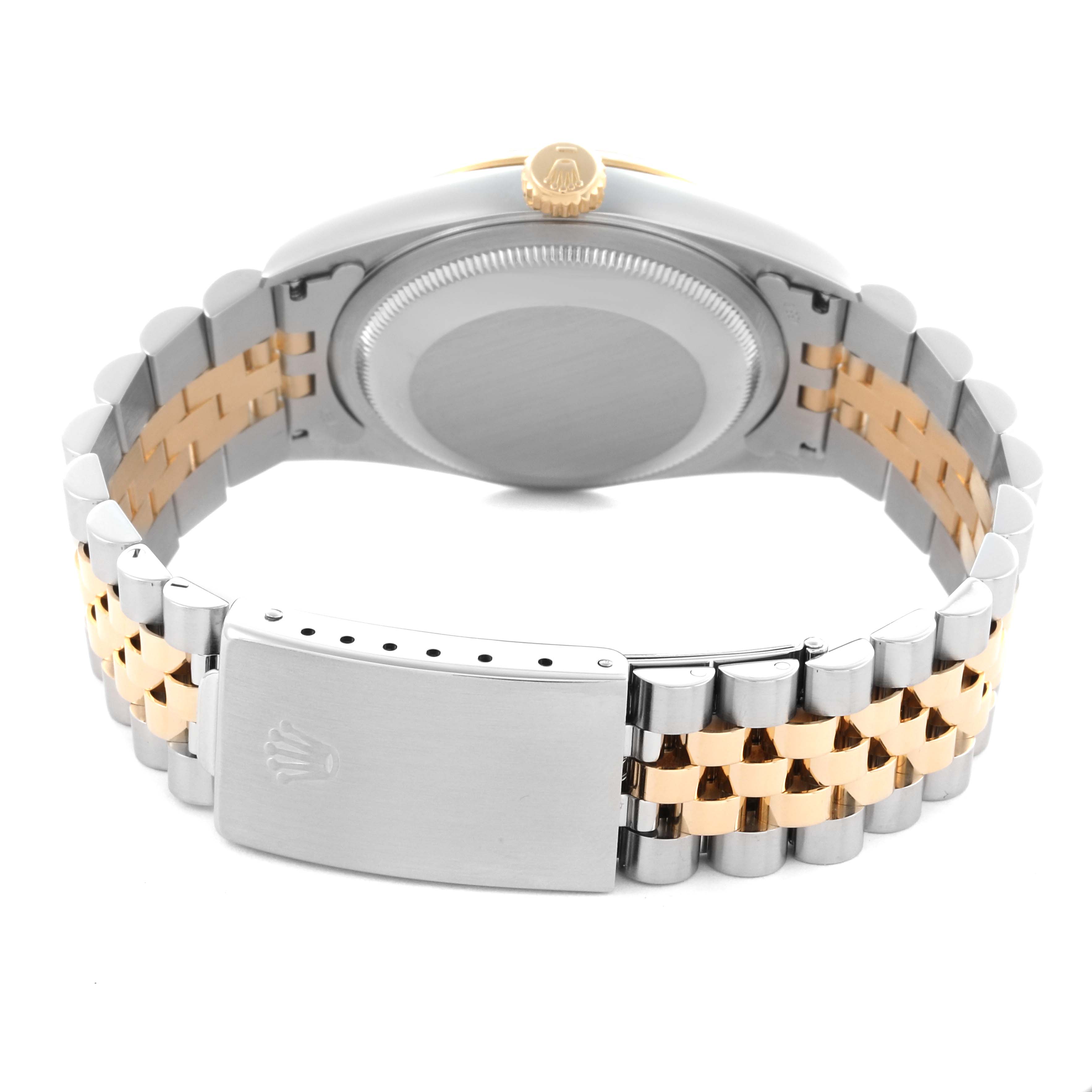 The image shows a Rolex Datejust 16233 Men's Steel and Gold (two tone) Champagne Dial 16233 Men's Steel and Gold (two tone) Champagne Dial watch from the back, highlighting the case back and two-tone bracelet.