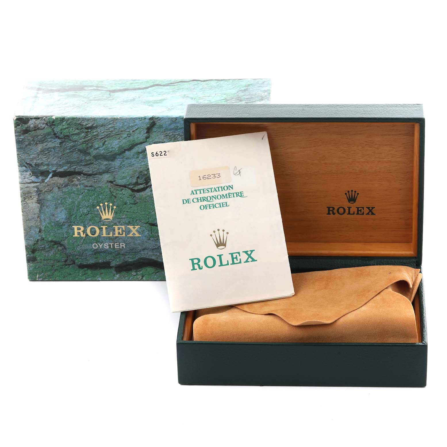 The image shows a Rolex Datejust 16233 Men's Steel and Gold (two tone) Champagne Dial 16233 Men's Steel and Gold (two tone) Champagne Dial box, certificate, and packaging at an angle displaying the interior and exterior.