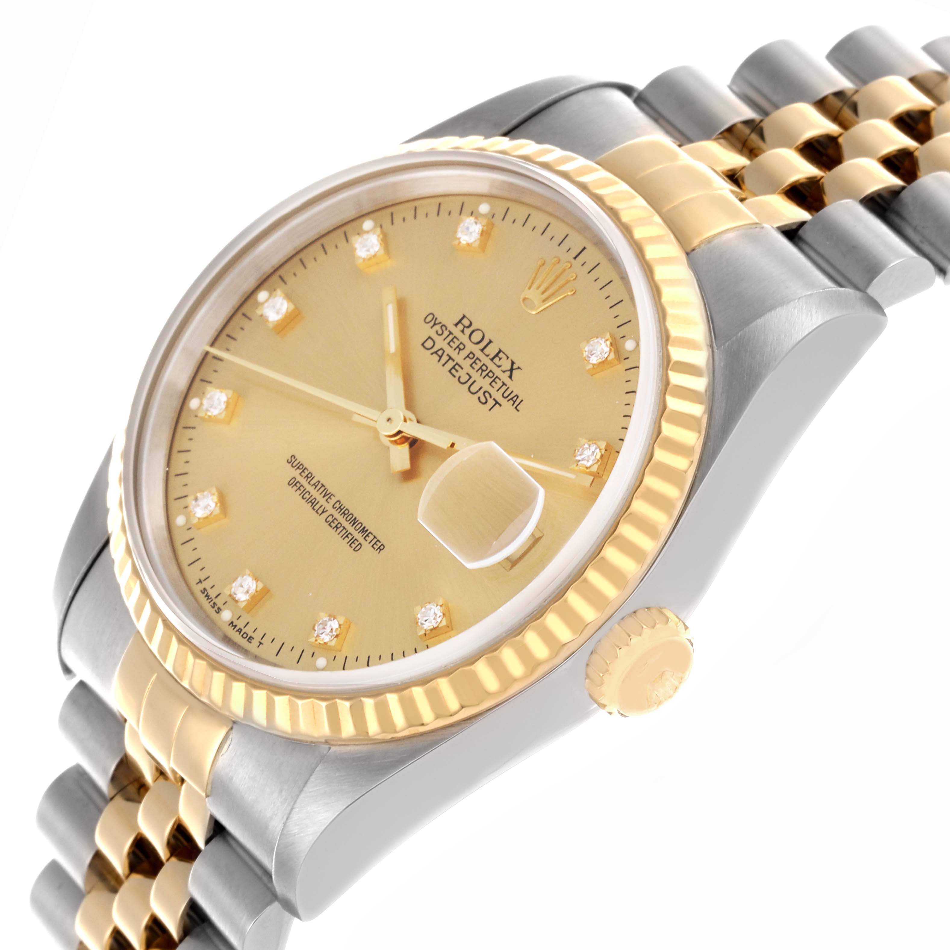 The Rolex Datejust 16233 Men's Steel and Gold (two tone) Champagne Dial 16233 Men's Steel and Gold (two tone) Champagne Dial watch is shown at a three-quarter angle, displaying the gold dial, bezel, crown, and Jubilee bracelet.