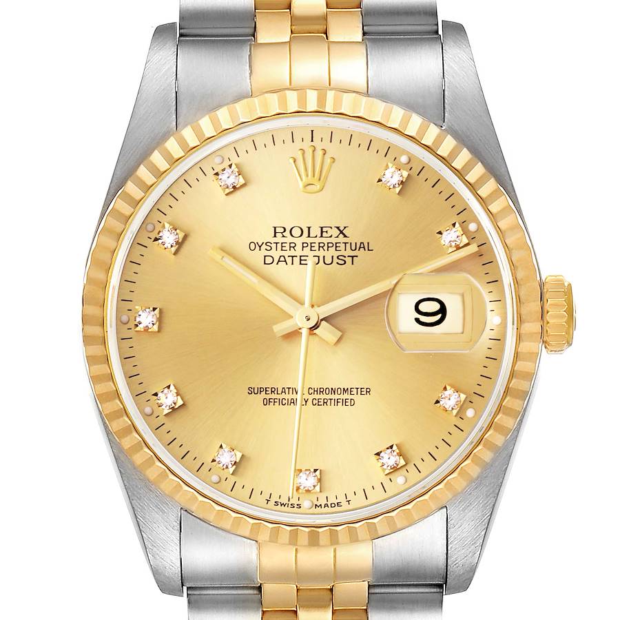 The Rolex Datejust watch is shown from the front, displaying the dial, bezel, crown, and part of the bracelet.