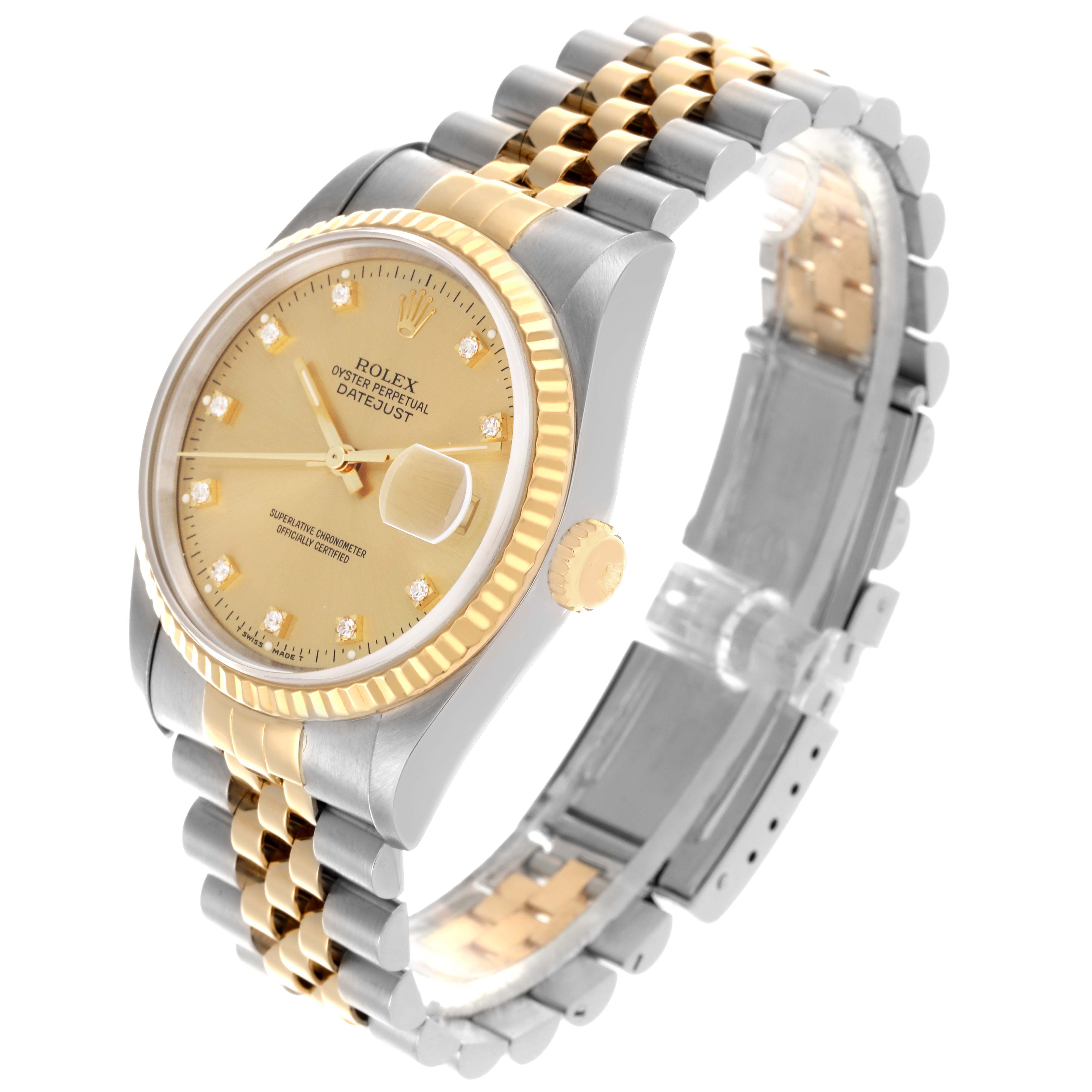 The Rolex Datejust 16233 Men's Steel and Gold (two tone) Champagne Dial 16233 Men's Steel and Gold (two tone) Champagne Dial watch is shown at an angle highlighting its face, bezel, and jubilee bracelet.