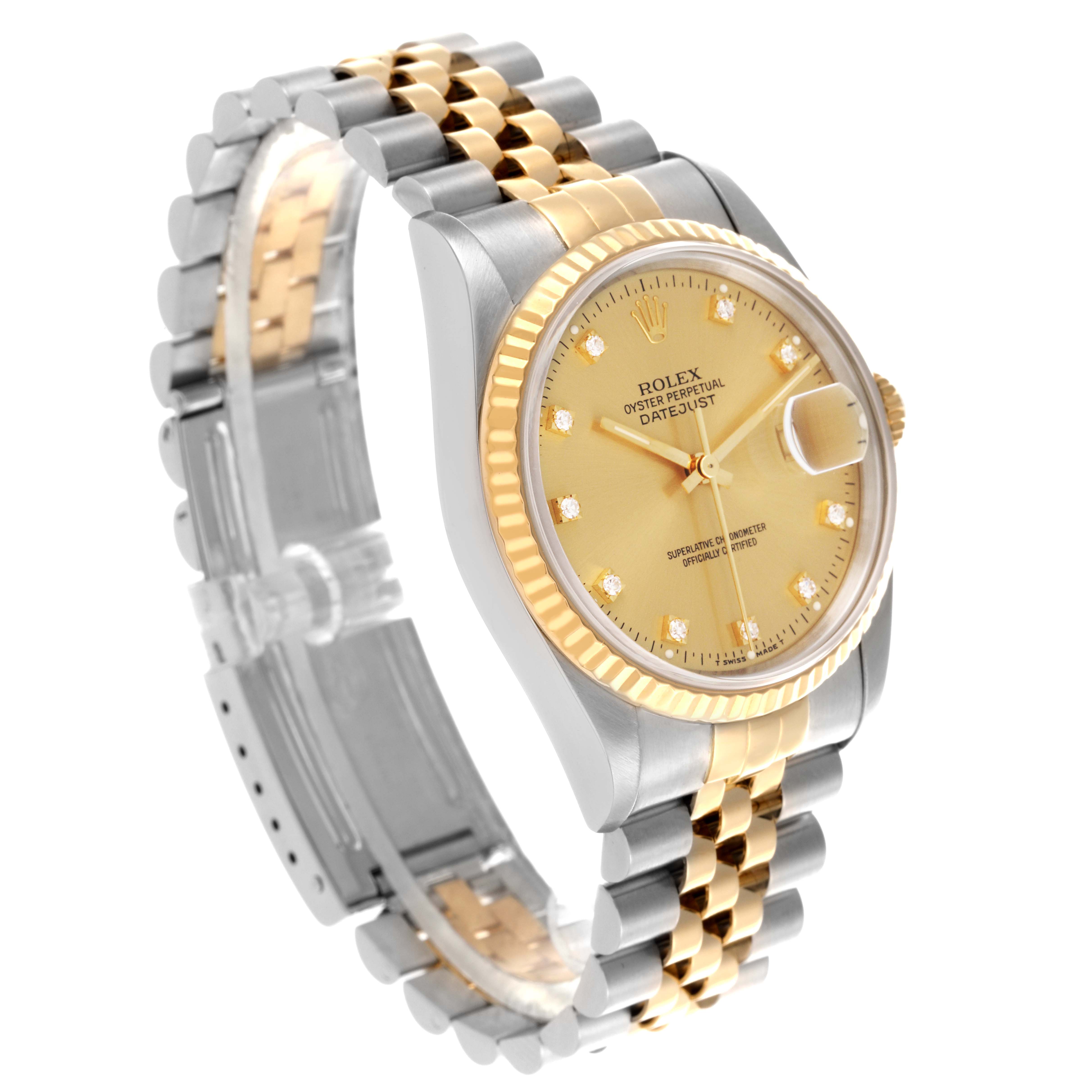 The Rolex Datejust 16233 Men's Steel and Gold (two tone) Champagne Dial 16233 Men's Steel and Gold (two tone) Champagne Dial watch is shown at a three-quarter angle, displaying the dial, bezel, and Jubilee bracelet.