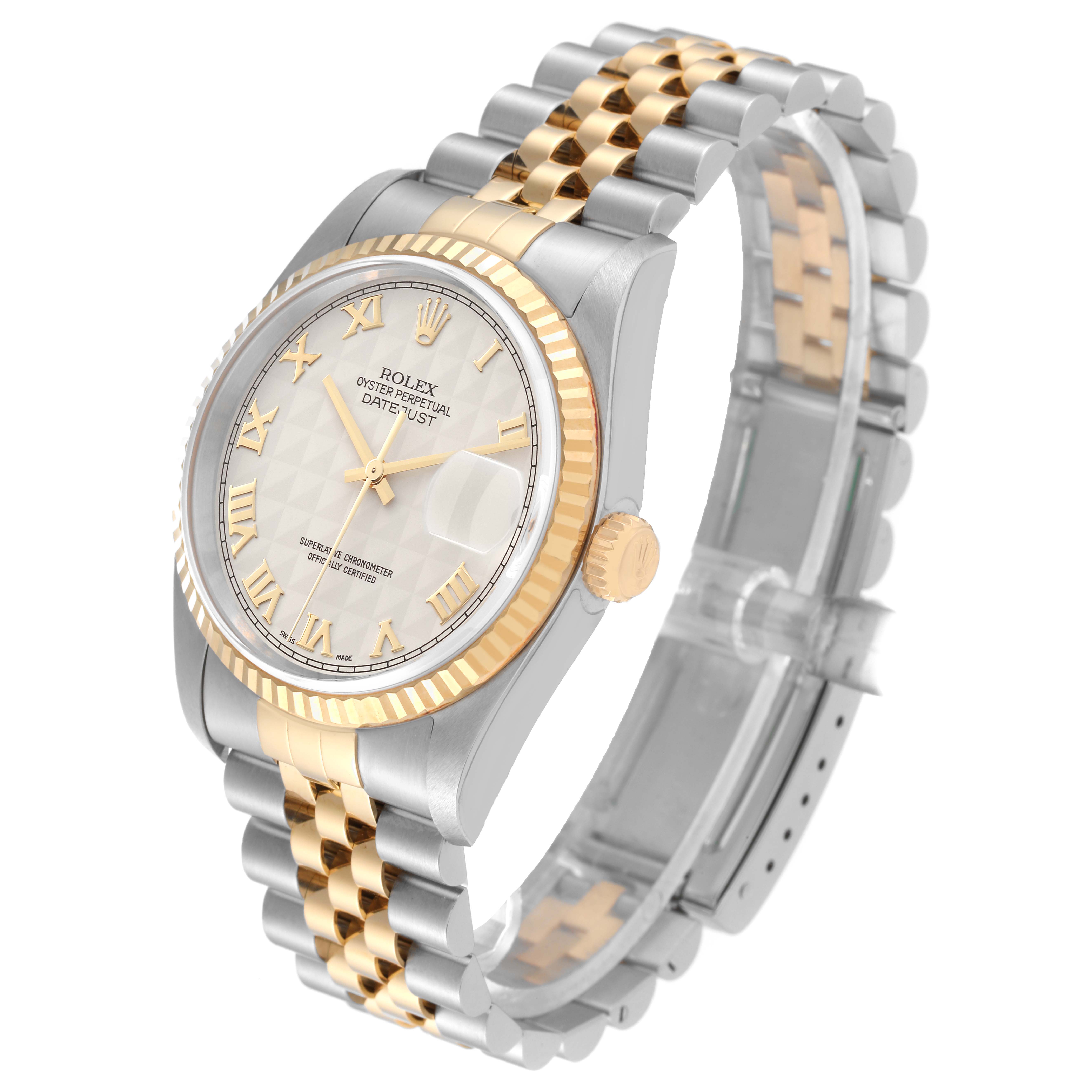 The Rolex Datejust 16233 Men's Steel and Gold (two tone) Beige Dial 16233 Men's Steel and Gold (two tone) Beige Dial watch is shown at an angle highlighting the face, bezel, crown, and a portion of the two-tone bracelet band.
