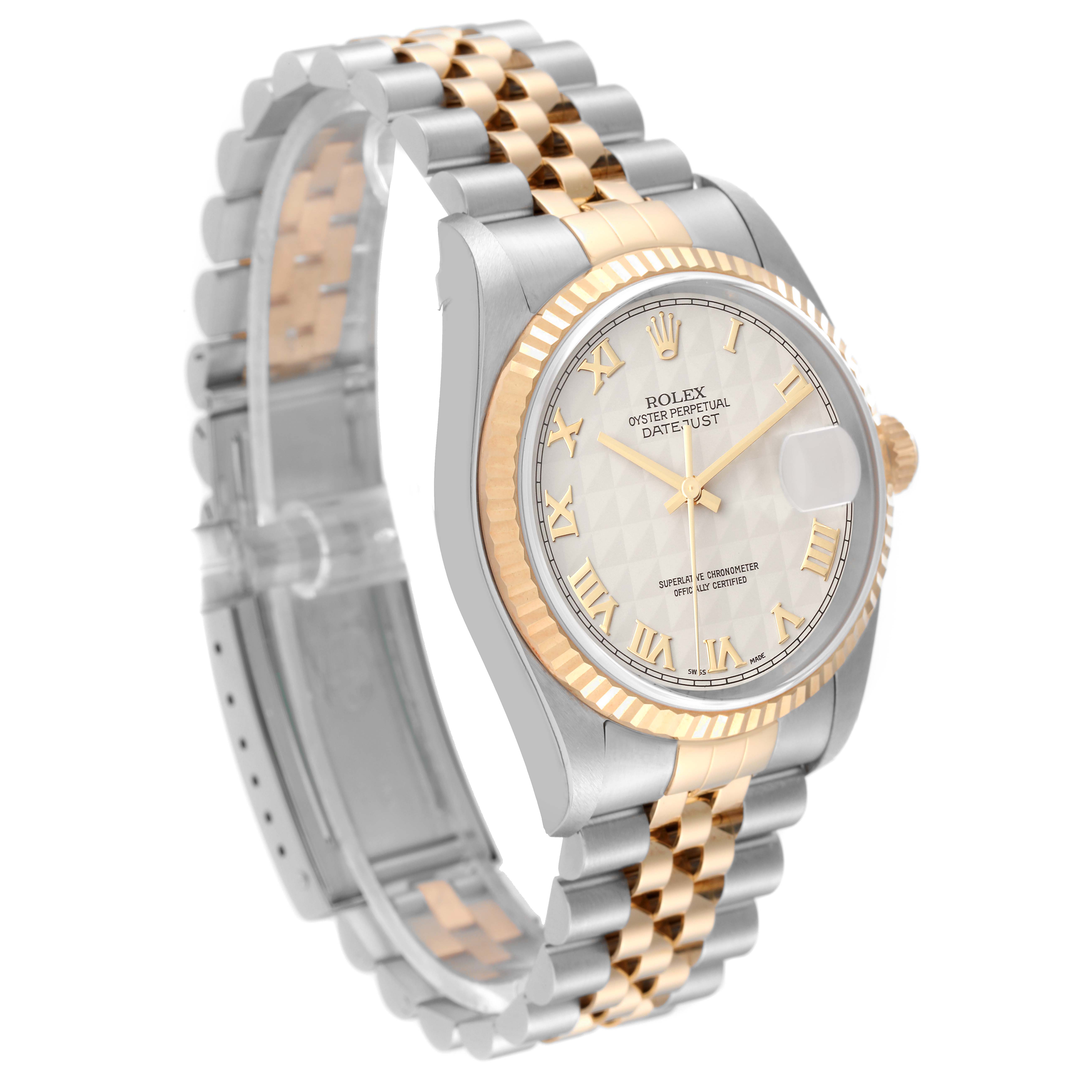 The Rolex Datejust 16233 Men's Steel and Gold (two tone) Beige Dial 16233 Men's Steel and Gold (two tone) Beige Dial watch is shown at an angle highlighting the face, bezel, and Jubilee bracelet.