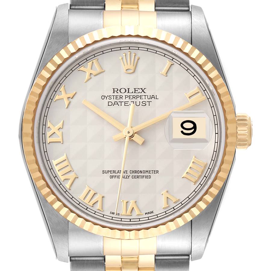 The Rolex Datejust watch is shown from a front angle, highlighting the dial, bezel, crown, and part of the bracelet.