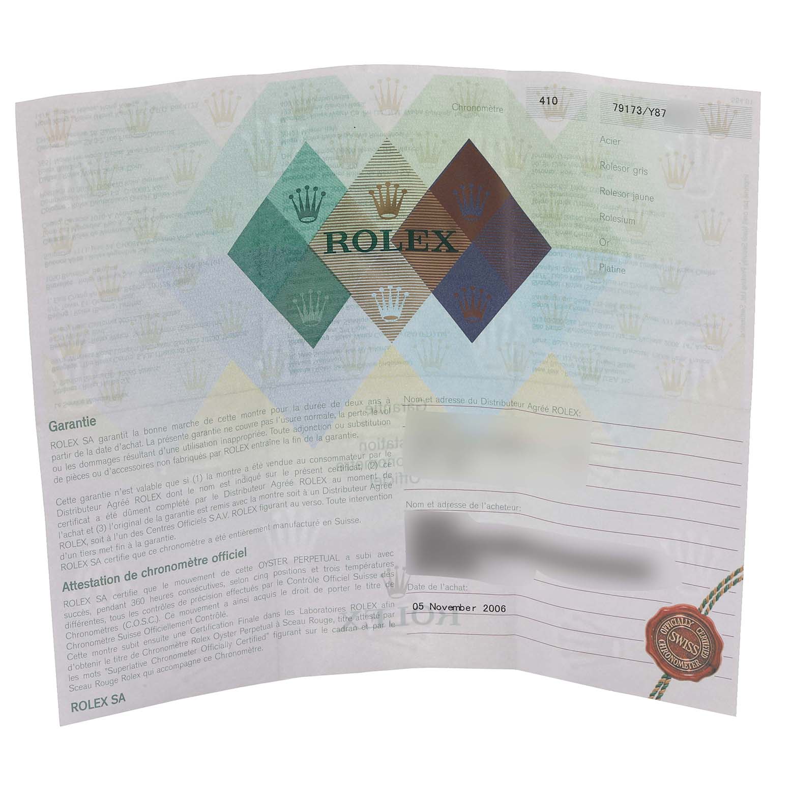 The image shows a warranty certificate for a Rolex Datejust 79173 Women
s Steel and Gold (two tone) Champagne Dial 79173 Women
s Steel and Gold (two tone) Champagne Dial watch with the brand logo and purchase details.