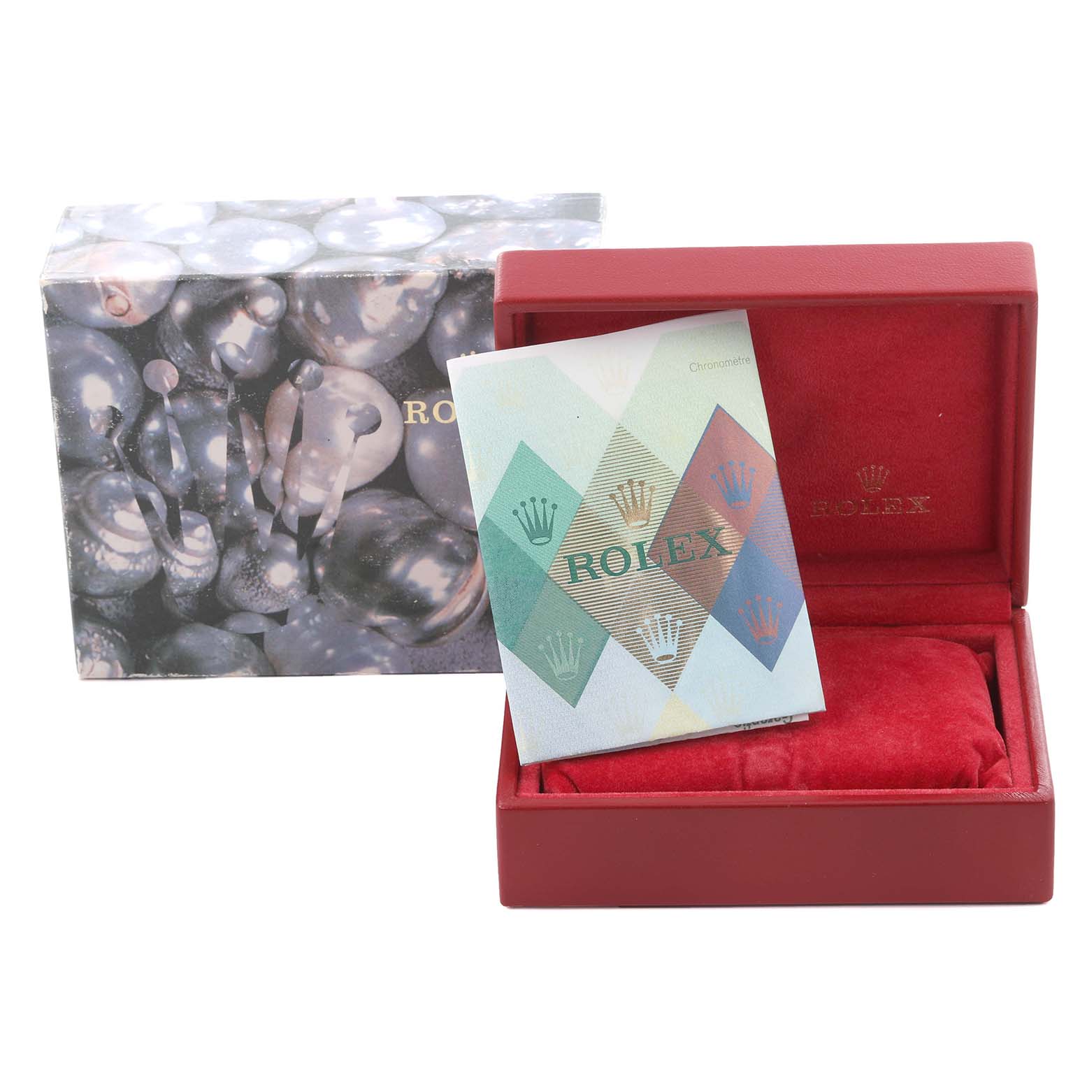 The image shows the Rolex Datejust 79173 Women
s Steel and Gold (two tone) Champagne Dial 79173 Women
s Steel and Gold (two tone) Champagne Dial packaging with a box and booklet at an angle.