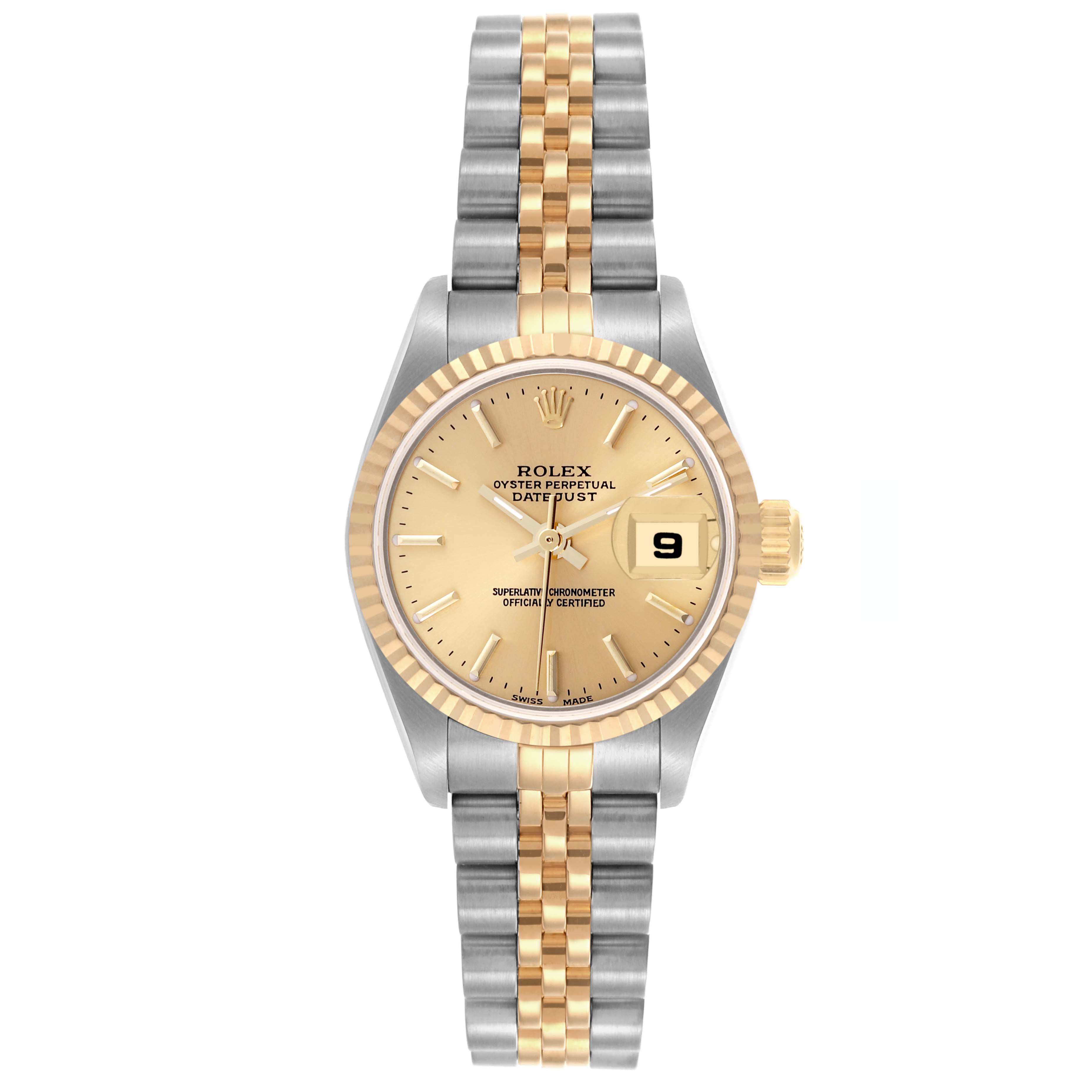 The Rolex Datejust 79173 Women
s Steel and Gold (two tone) Champagne Dial 79173 Women
s Steel and Gold (two tone) Champagne Dial watch is shown from the front, featuring the face, fluted bezel, and two-tone Jubilee bracelet.