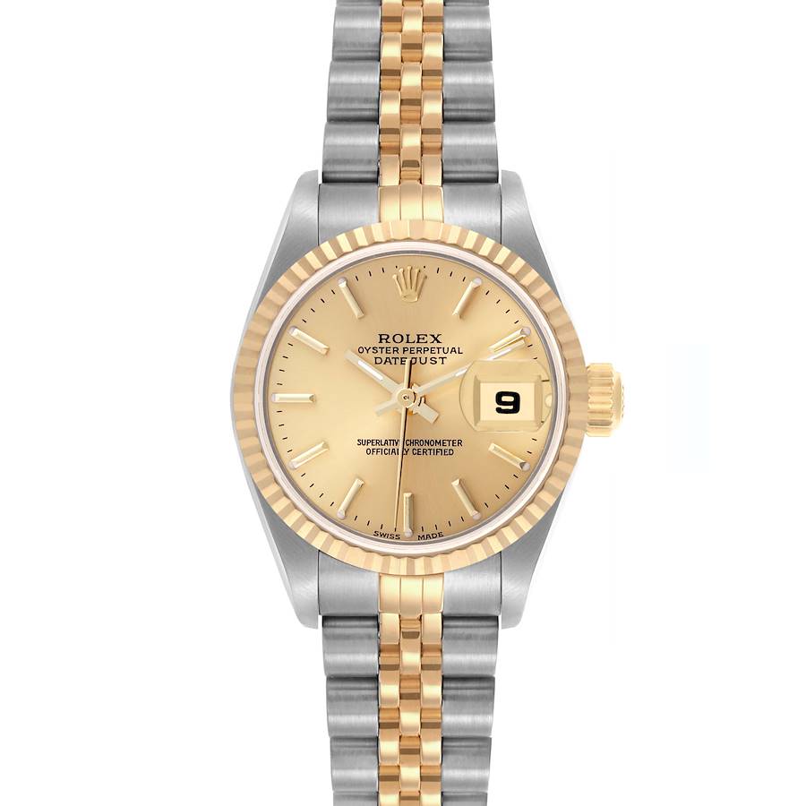 The Rolex Datejust watch is shown from the front, displaying the dial, bezel, and bracelet.