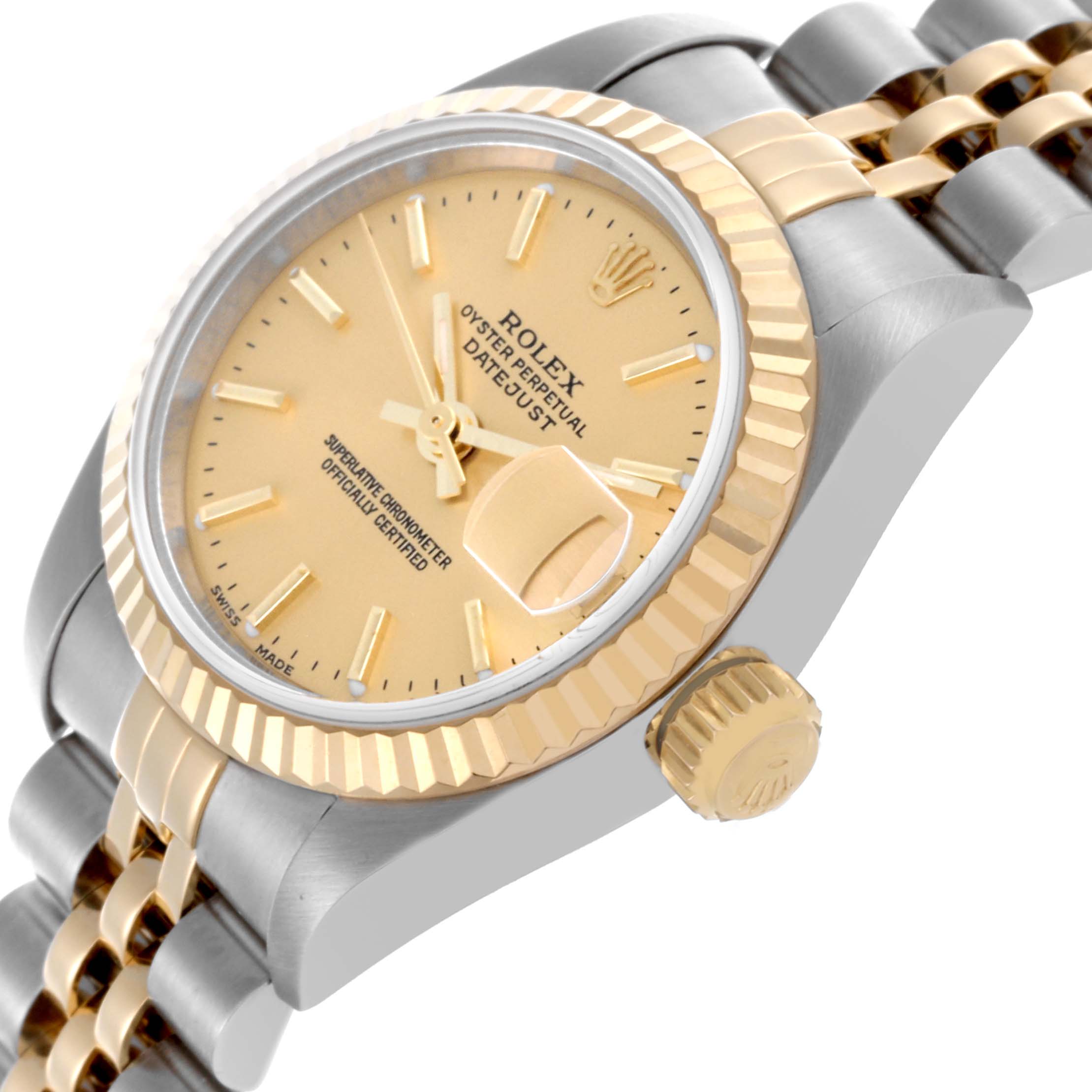 The image shows a close-up side view of the Rolex Datejust 79173 Women
s Steel and Gold (two tone) Champagne Dial 79173 Women
s Steel and Gold (two tone) Champagne Dial, highlighting the crown and the jubilee bracelet.