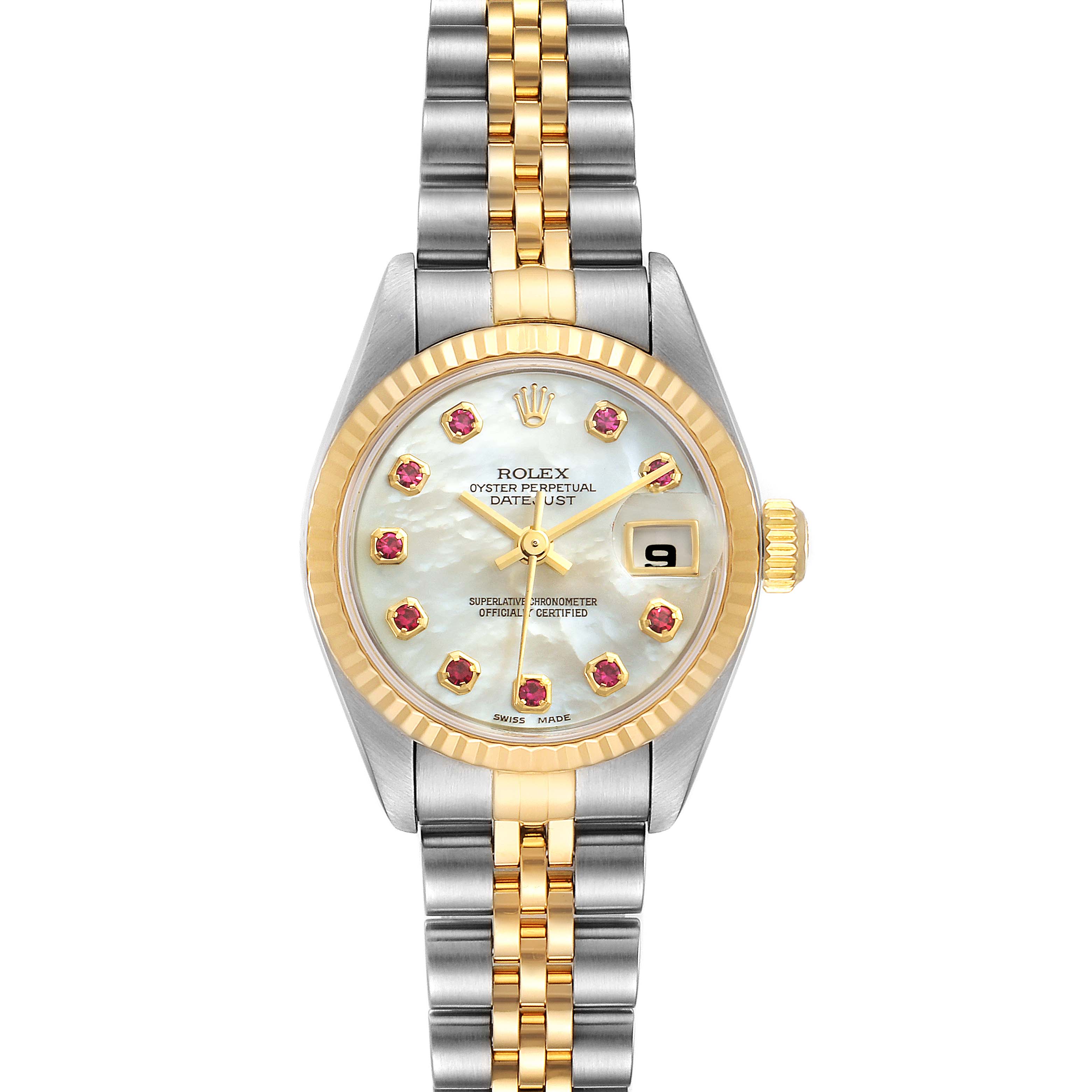 The image shows a front view of a Rolex Datejust 79173 Women
s Steel and Gold (two tone) Mother of Pearl Dial 79173 Women
s Steel and Gold (two tone) Mother of Pearl Dial watch with a two-tone band and diamond hour markers.