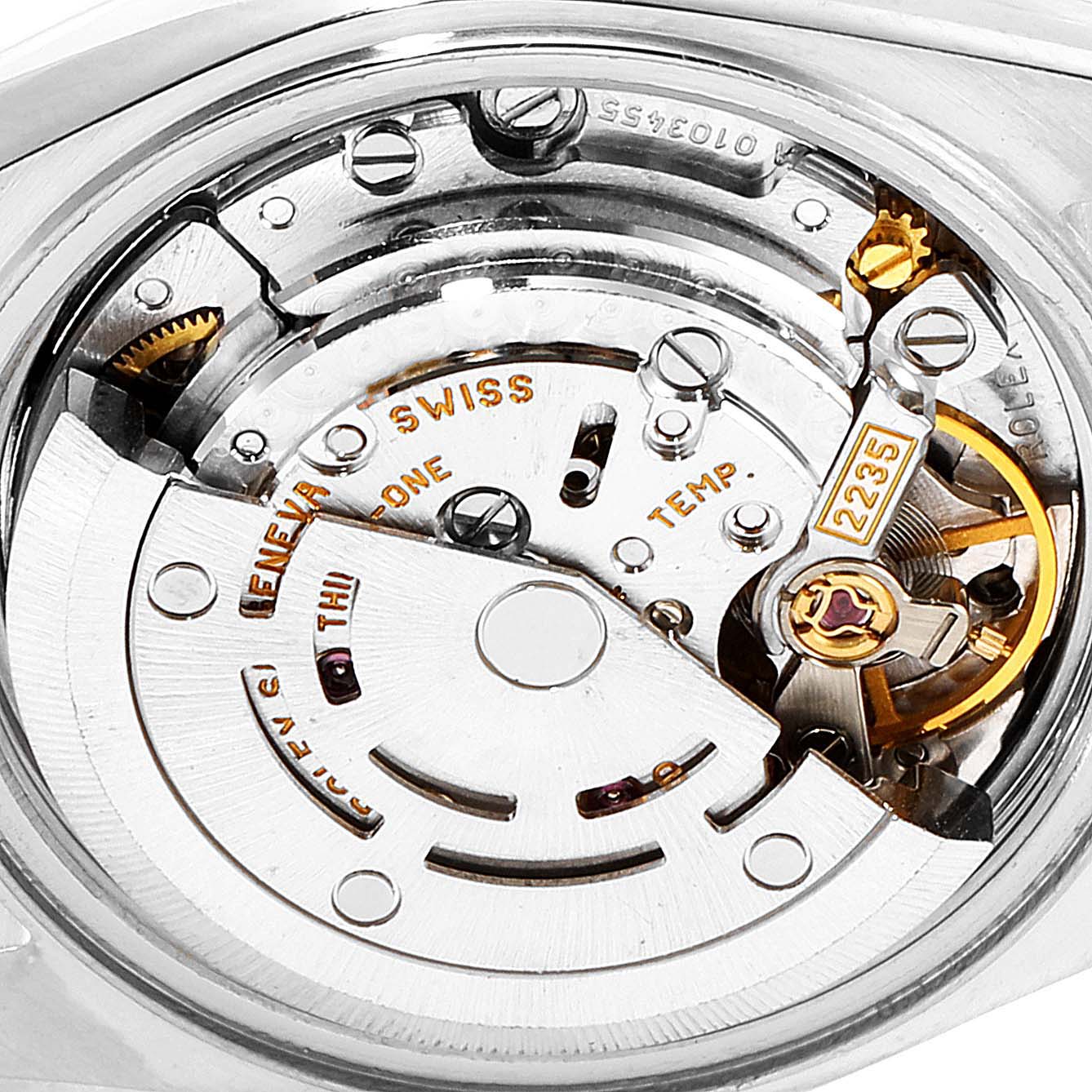 This image shows the internal movement mechanism of a Rolex Datejust 79173 Women
s Steel and Gold (two tone) Mother of Pearl Dial 79173 Women
s Steel and Gold (two tone) Mother of Pearl Dial model from a close-up angle without the case back.