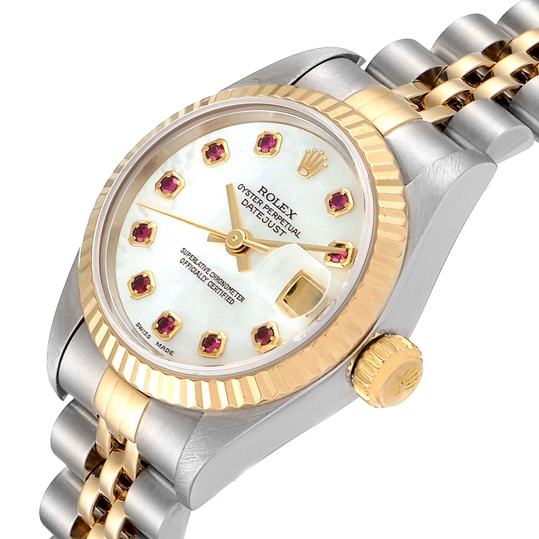 This image shows a close-up angle of the Rolex Datejust 79173 Women
s Steel and Gold (two tone) Mother of Pearl Dial 79173 Women
s Steel and Gold (two tone) Mother of Pearl Dial model watch, highlighting the dial, crown, bezel, and part of the bracelet.
