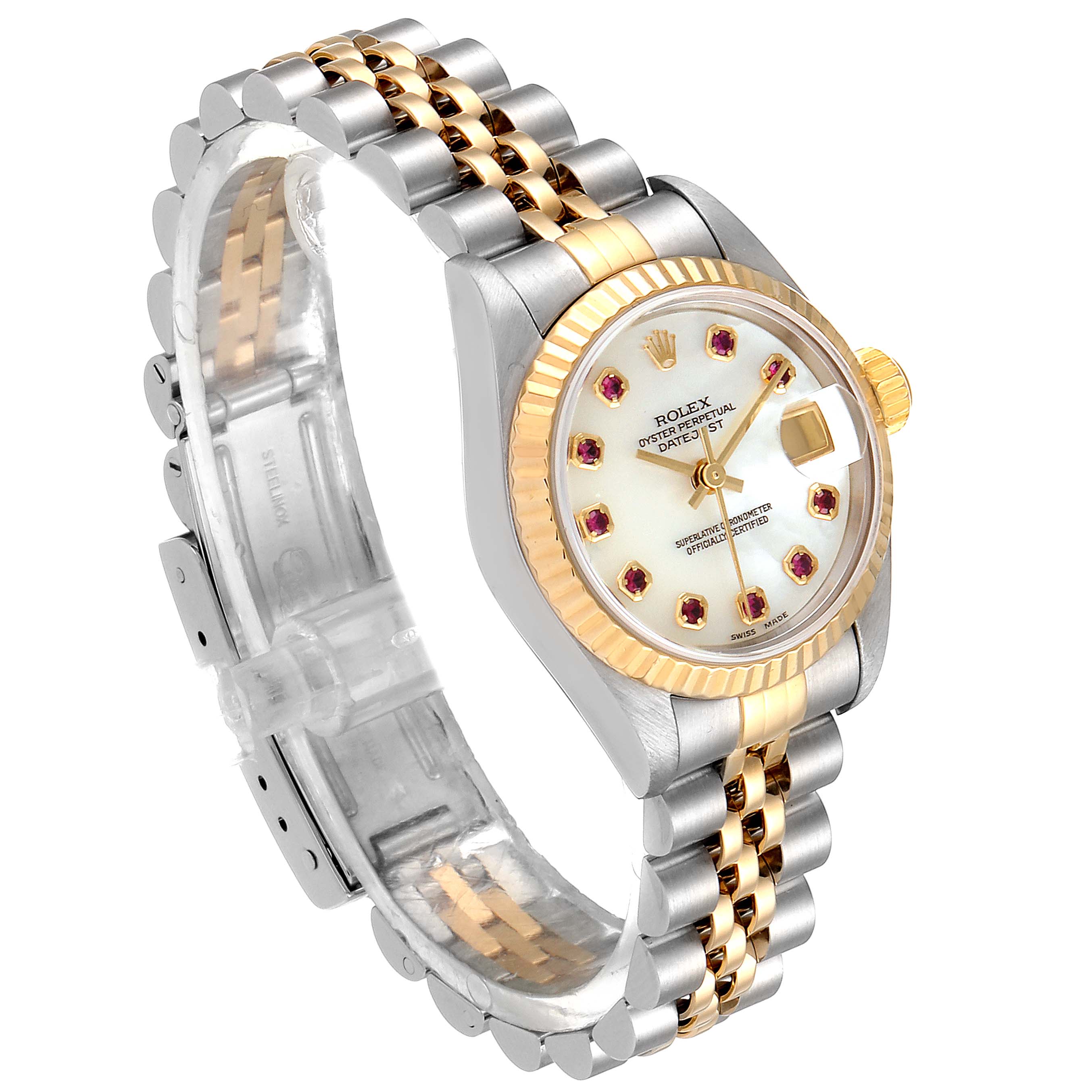 The image shows a Rolex Datejust 79173 Women
s Steel and Gold (two tone) Mother of Pearl Dial 79173 Women
s Steel and Gold (two tone) Mother of Pearl Dial watch at an angled side view, displaying its face, bezel, crown, and two-tone jubilee bracelet.