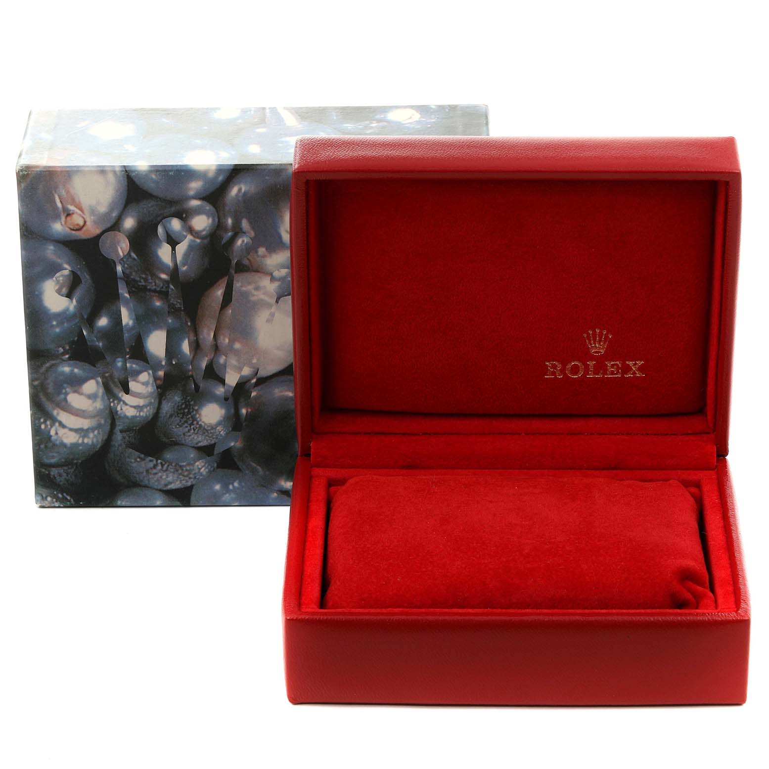 The image shows a red Rolex Datejust 79173 Women
s Steel and Gold (two tone) Mother of Pearl Dial 79173 Women
s Steel and Gold (two tone) Mother of Pearl Dial watch box, with a closed outer box featuring the Rolex logo.