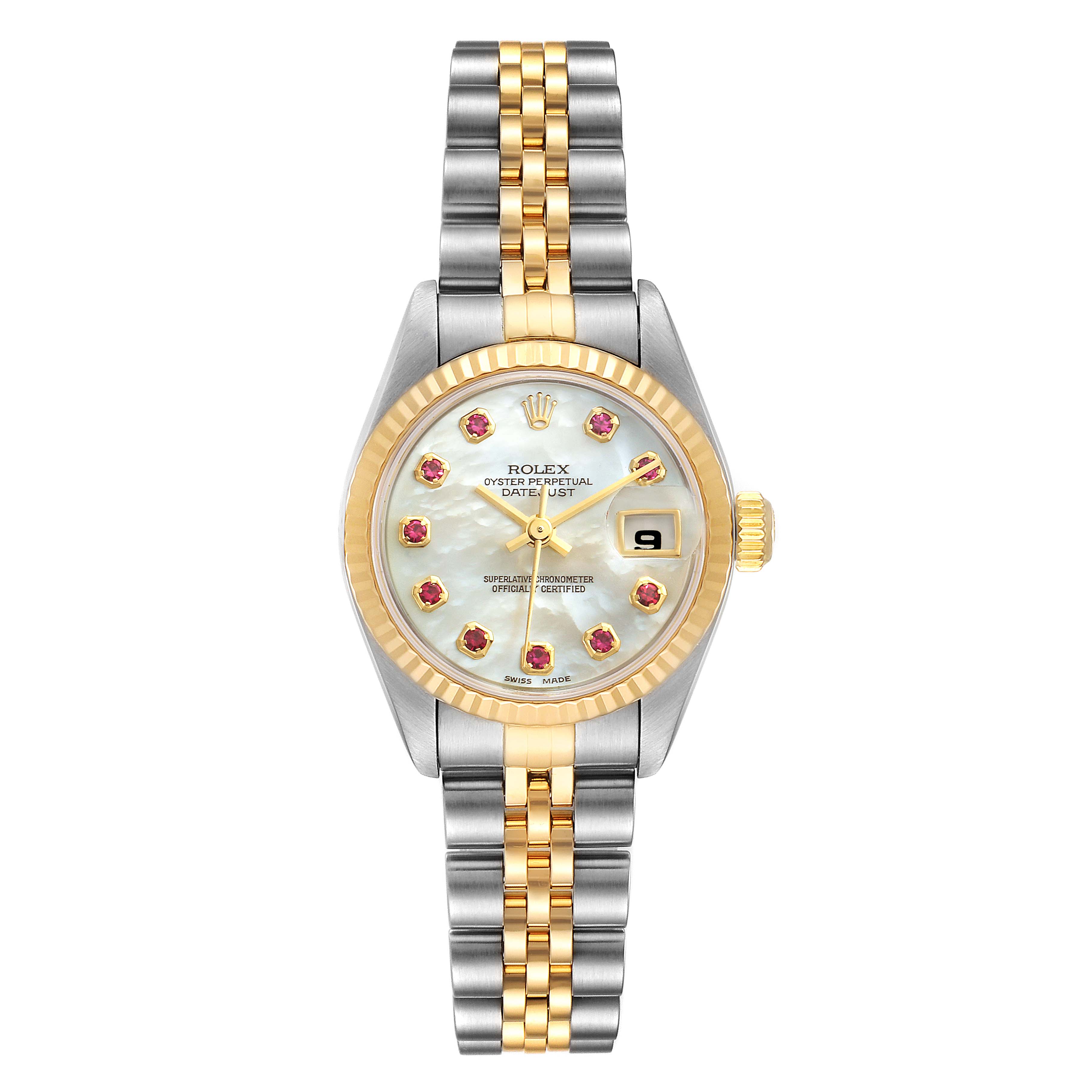 This image shows a Rolex Datejust 79173 Women
s Steel and Gold (two tone) Mother of Pearl Dial 79173 Women
s Steel and Gold (two tone) Mother of Pearl Dial watch from a front angle, highlighting its two-tone bracelet, gold fluted bezel, and date display.