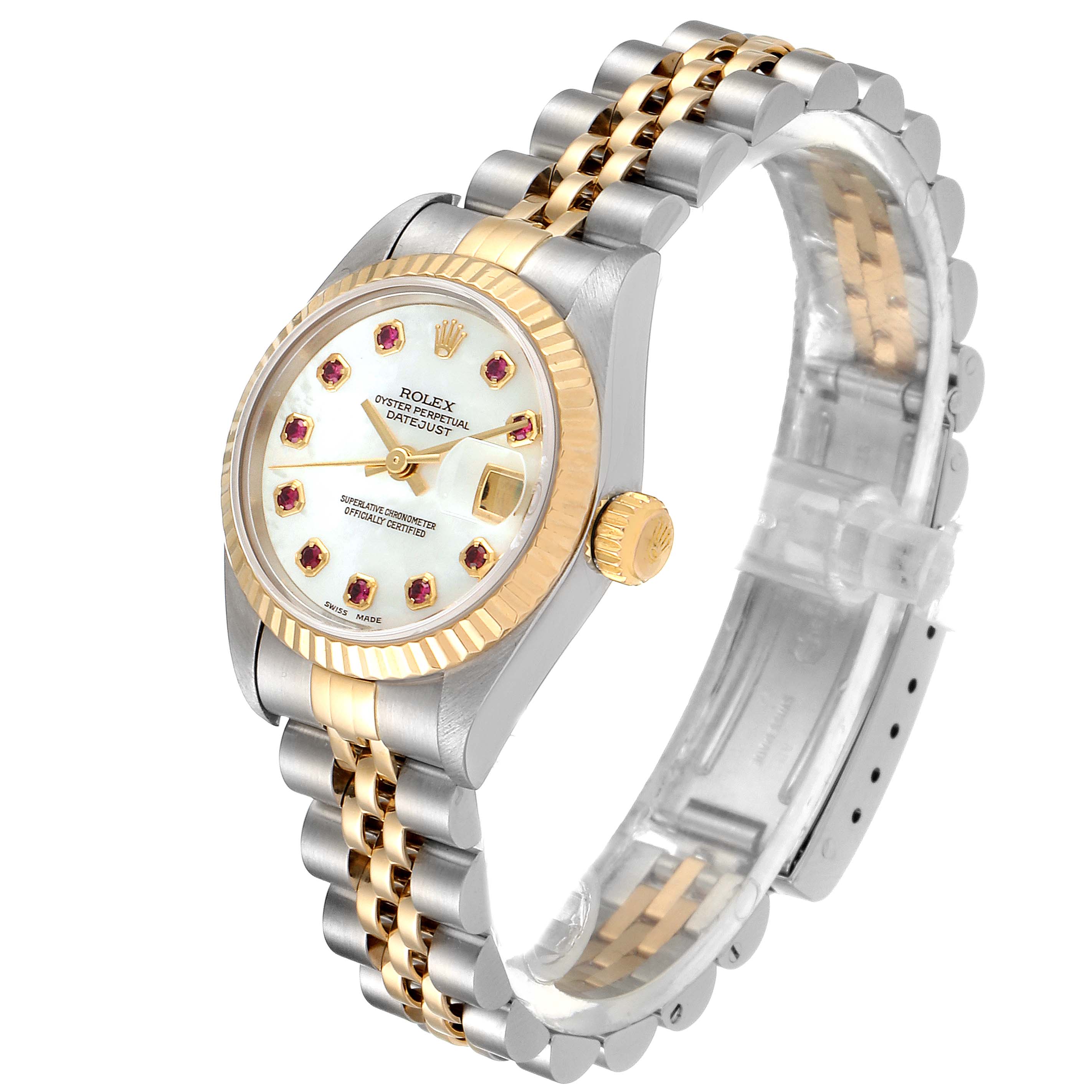 The Rolex Datejust 79173 Women
s Steel and Gold (two tone) Mother of Pearl Dial 79173 Women
s Steel and Gold (two tone) Mother of Pearl Dial watch is shown at a slight angle featuring its face, dial, bezel, and two-tone bracelet.